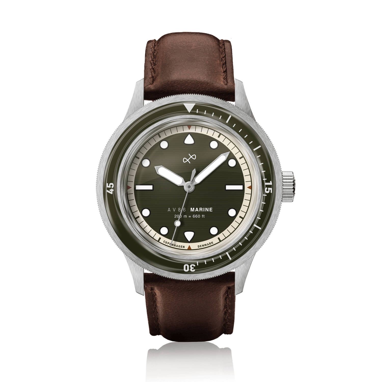 1956 Marine by AV86 vintage-inspired diver with sapphire crystal, rotating bezel, and brown leather strap