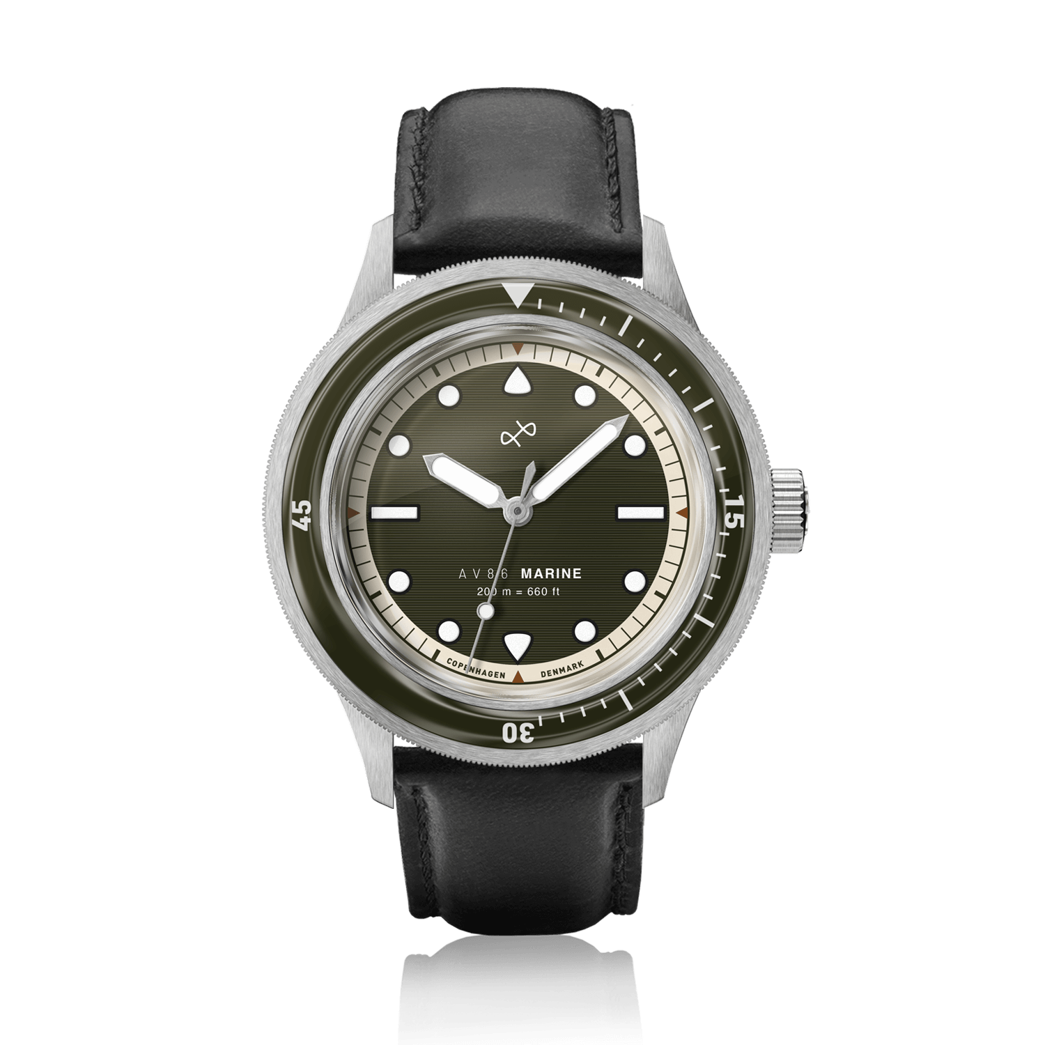 1956 Marine by AV86 vintage-inspired diver with sapphire crystal, rotating bezel, and black leather strap in minimalist Scandinavian design