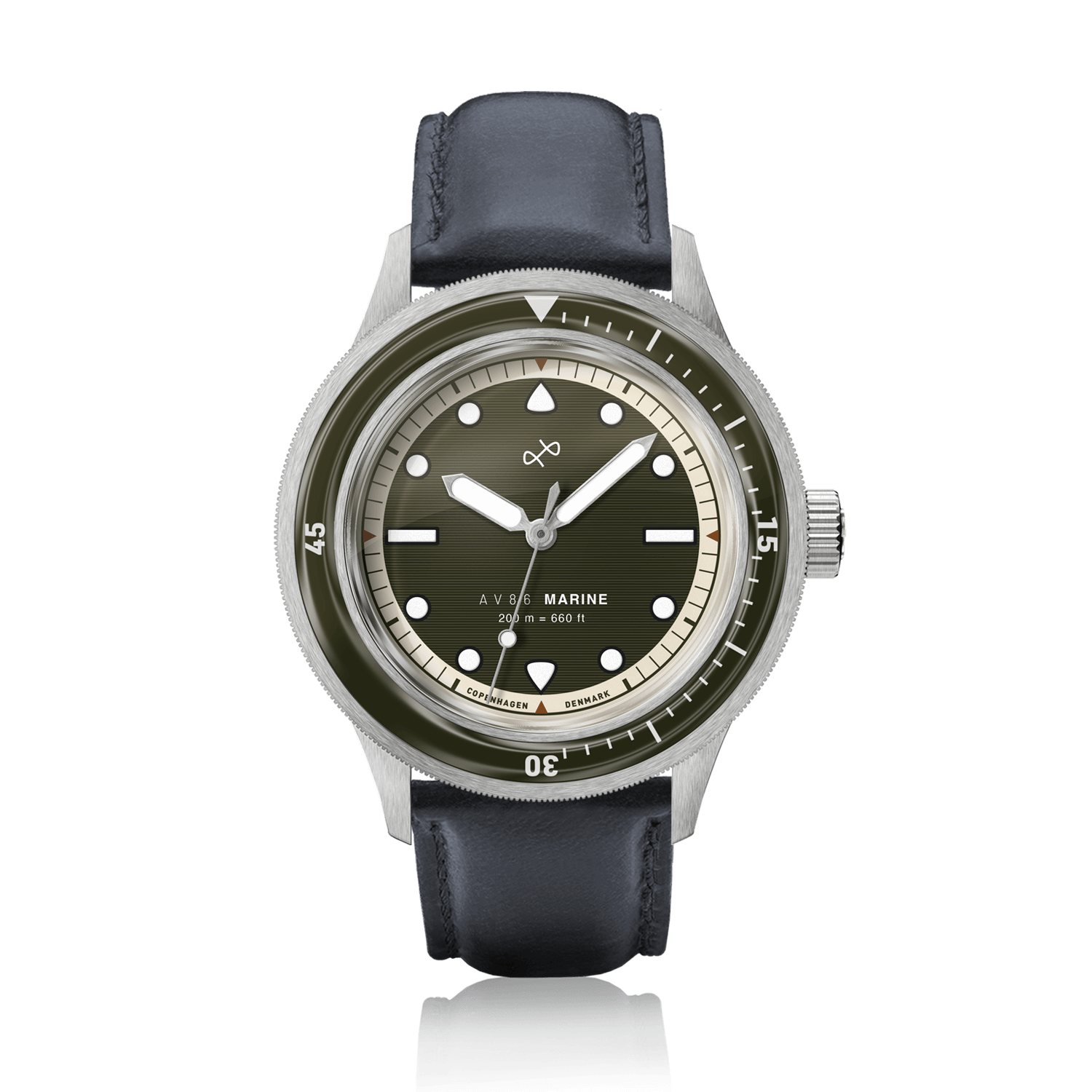 1956 Marine by AV86 vintage-inspired diver with sapphire crystal, compass bezel, and black leather strap luxury timepiece