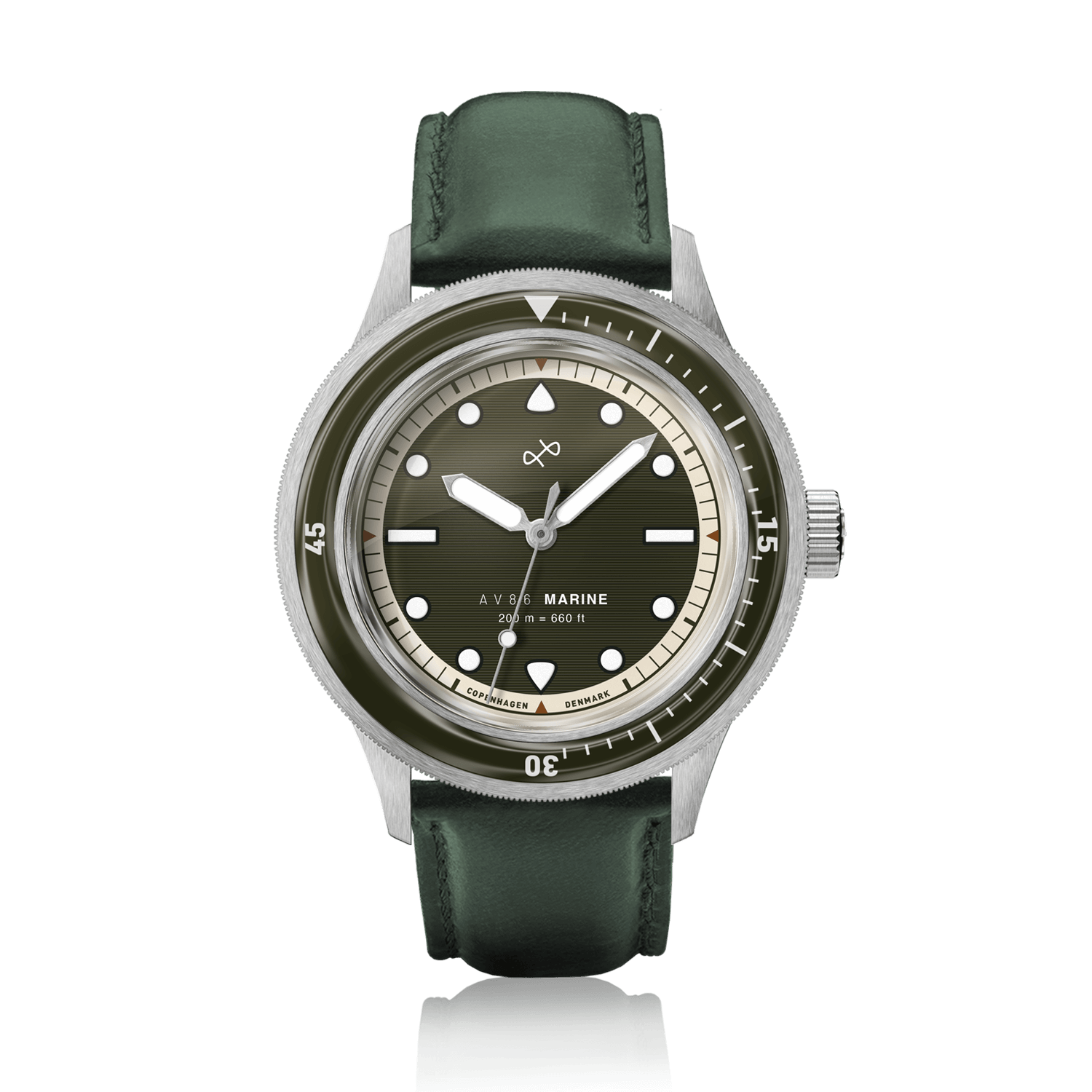 1956 Marine by AV86 vintage-inspired diver watch with sapphire crystal, compass bezel, and green leather strap