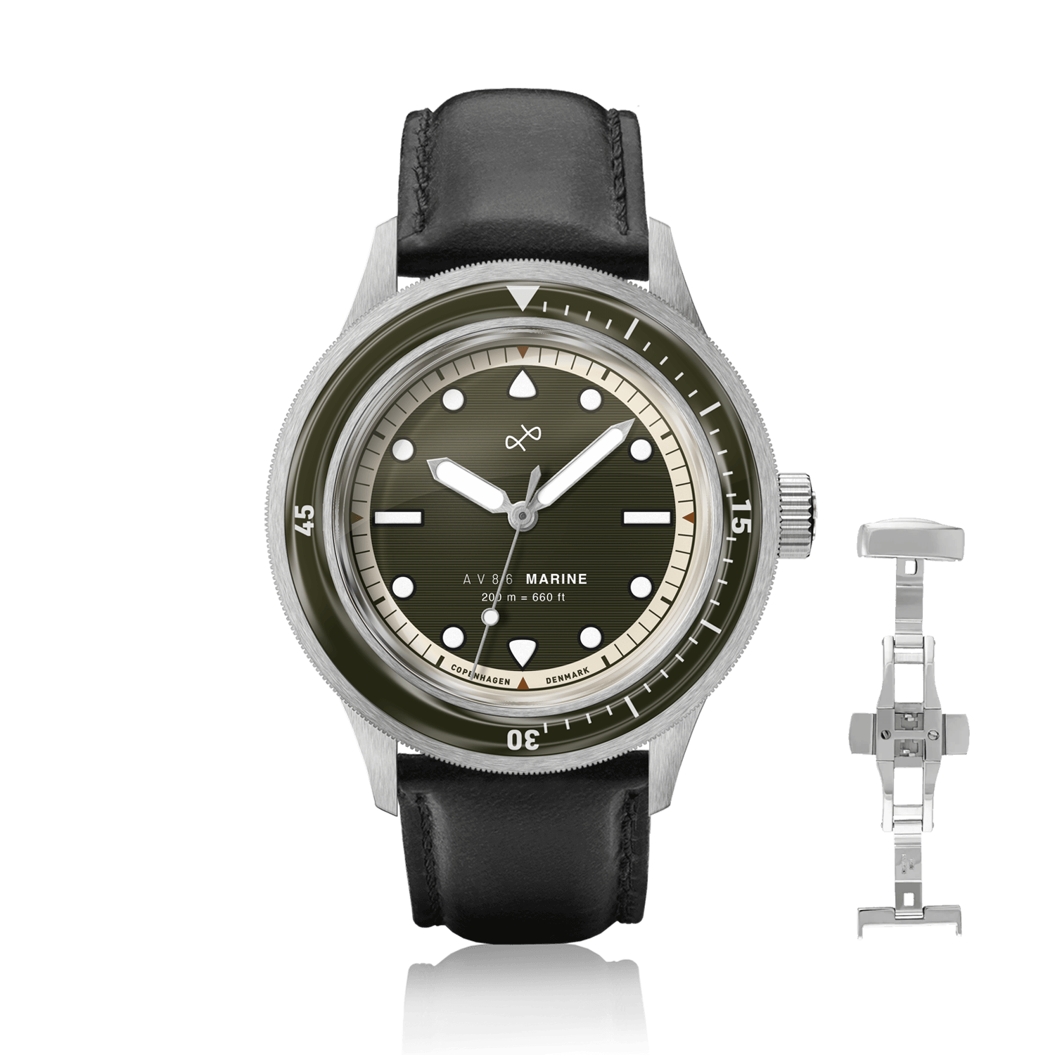 1956 Marine by AV86 vintage-inspired diver with sapphire crystal, uni-directional bezel, black dial, and black leather strap