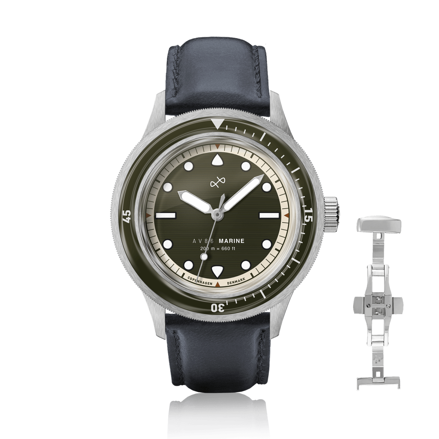 1956 Marine by AV86 vintage-inspired diver with sapphire crystal, rotating bezel, black leather strap, and stainless steel case