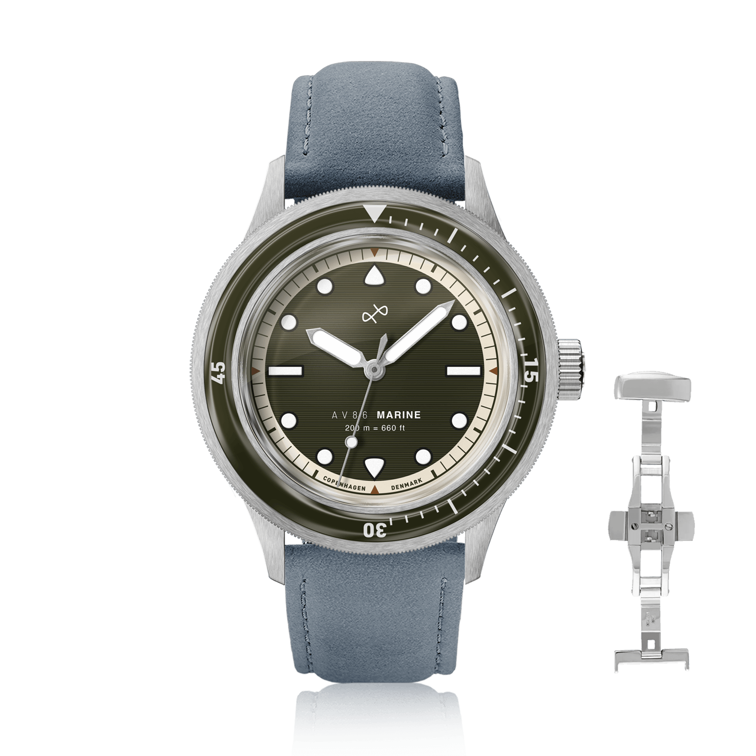 1956 Marine by AV86 vintage-inspired diver with sapphire crystal, rotating bezel, and blue leather strap with deployment clasp