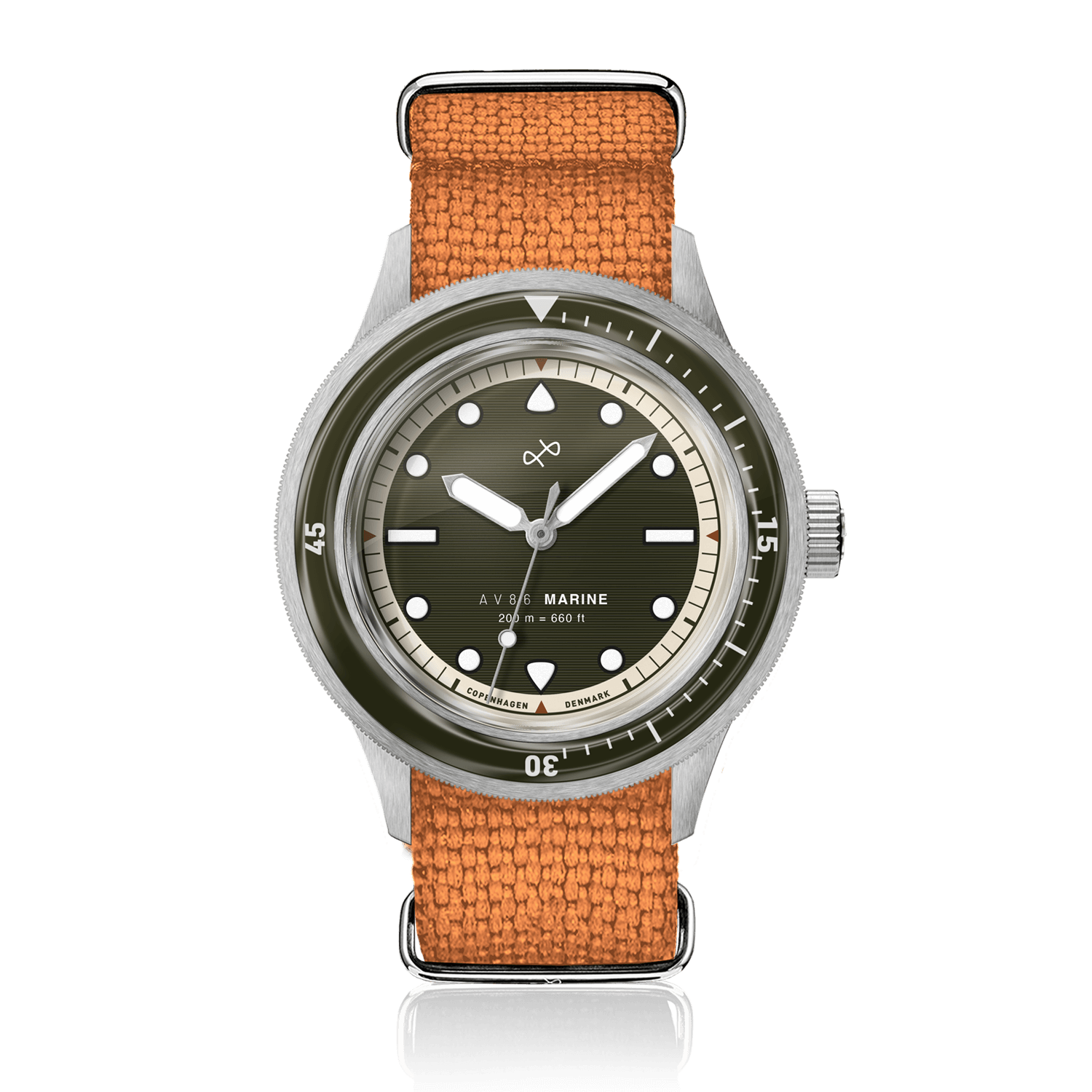 1956 Marine by AV86 vintage-inspired diver watch with sapphire crystal, rotating bezel, and textured fabric strap