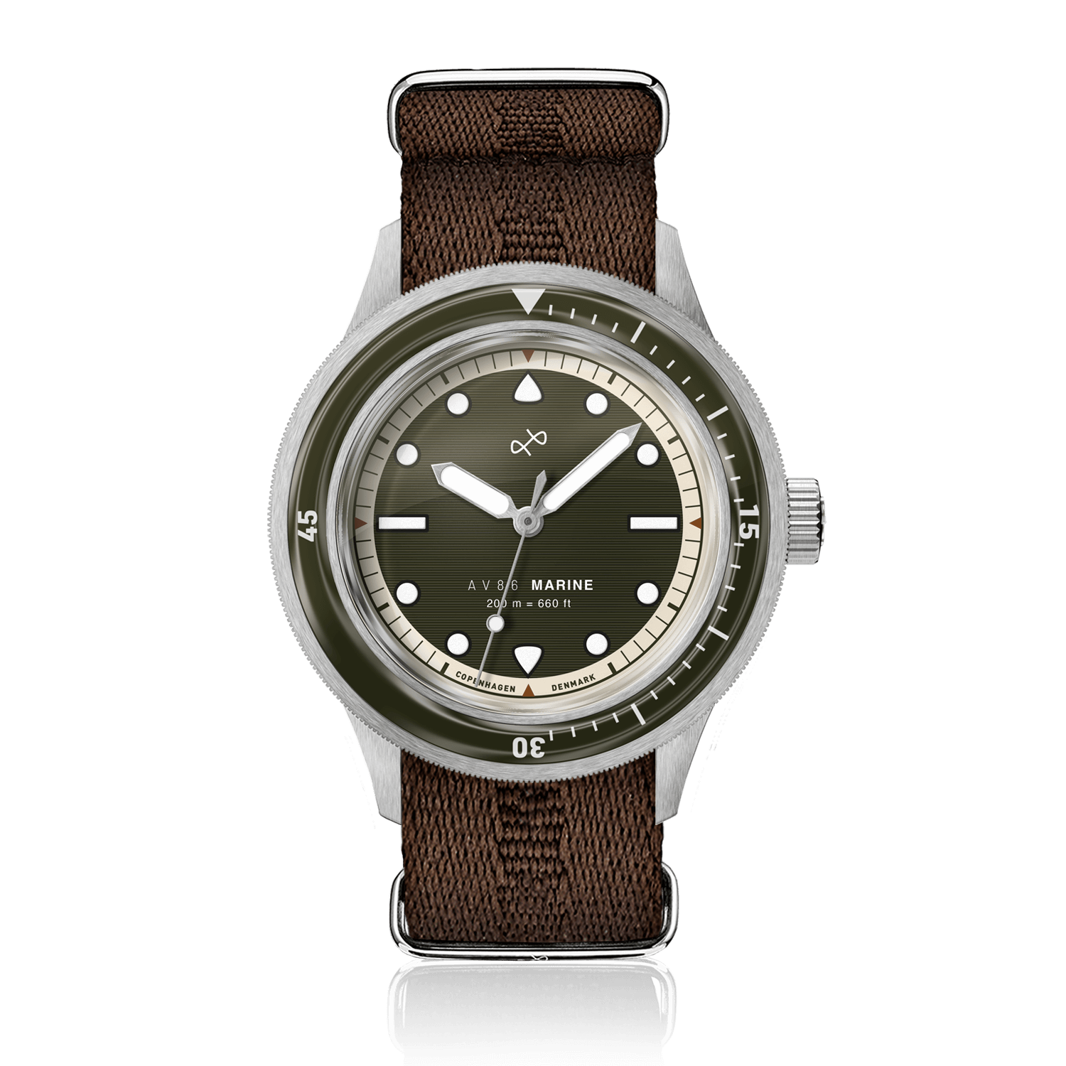 1956 Marine by AV86 diver watch with vintage-inspired dial, sapphire crystal, rotating bezel, and brown fabric strap