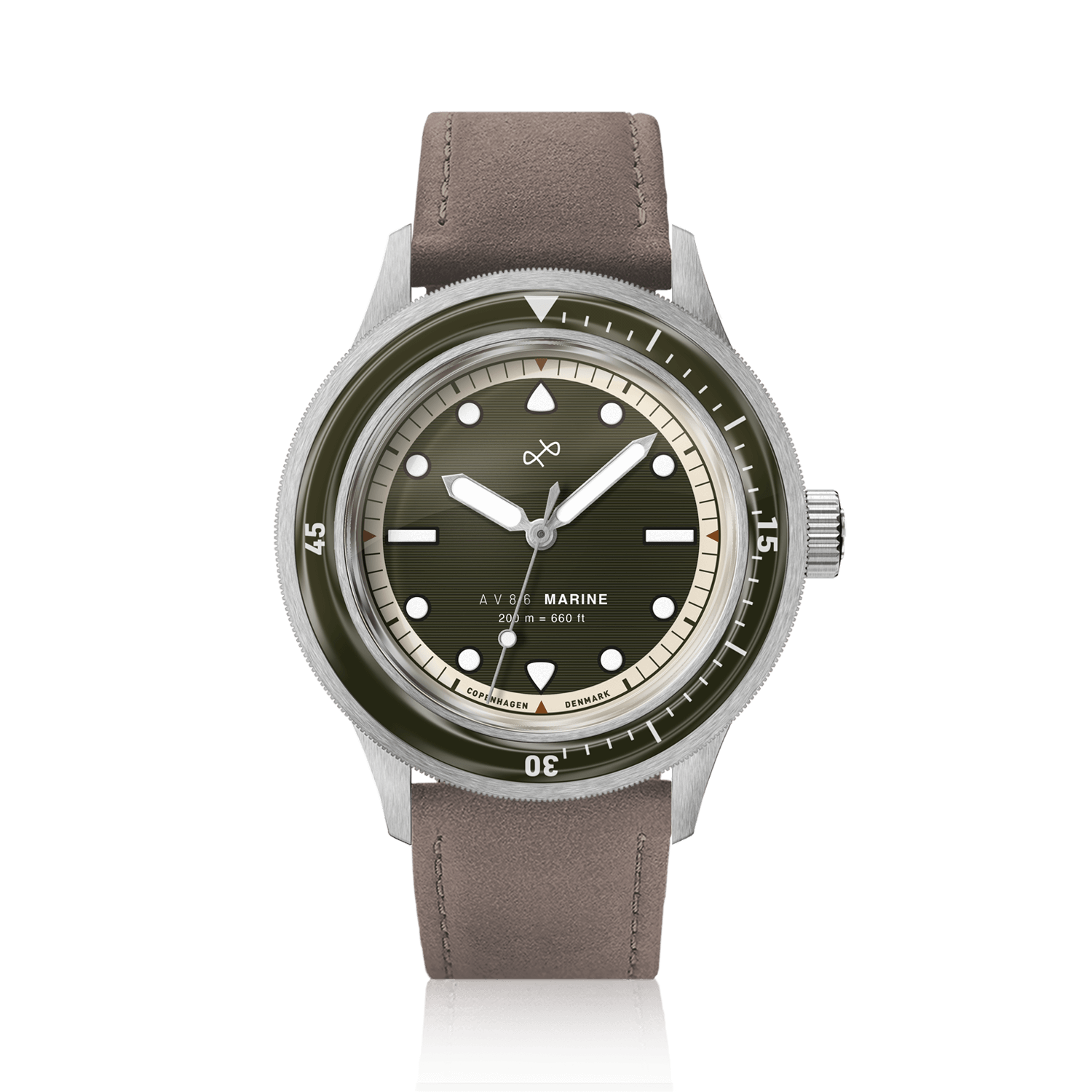 1956 Marine by AV86 vintage-inspired diver with sapphire crystal, rotating bezel, and leather strap in minimalist Scandinavian design