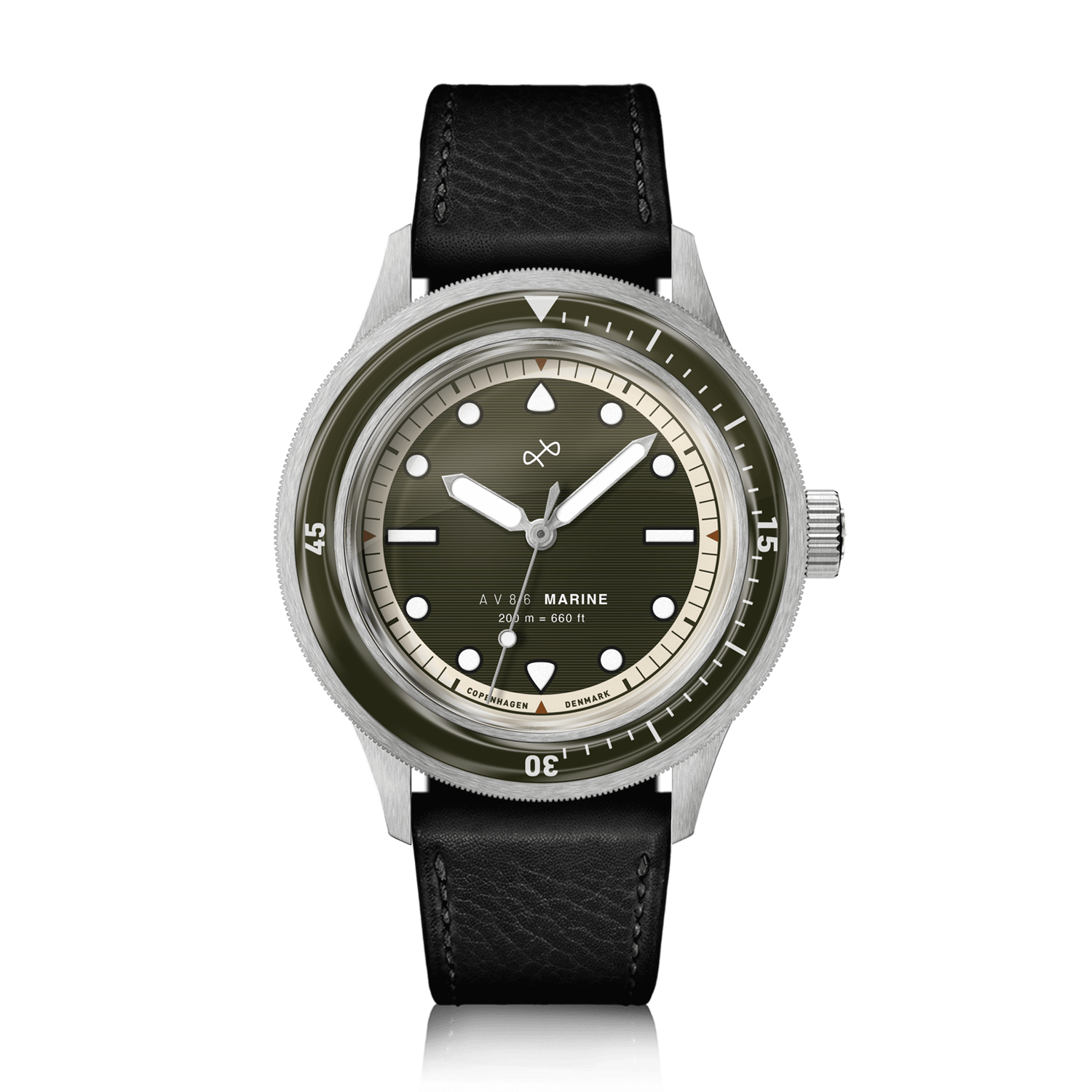 1956 Marine by AV86 vintage-inspired diver with sapphire crystal, rotating bezel, and black leather strap