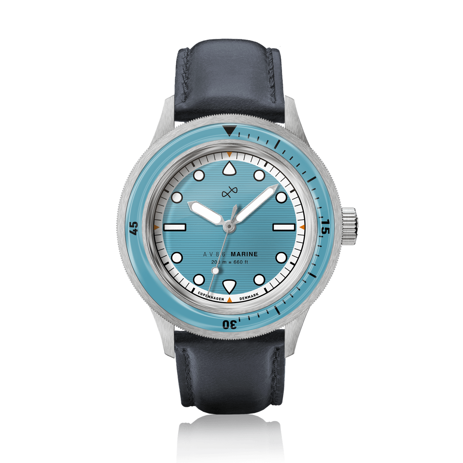 1956 Marine by AV86 vintage-inspired diver watch with sapphire crystal, blue dial, rotating bezel, and black leather strap