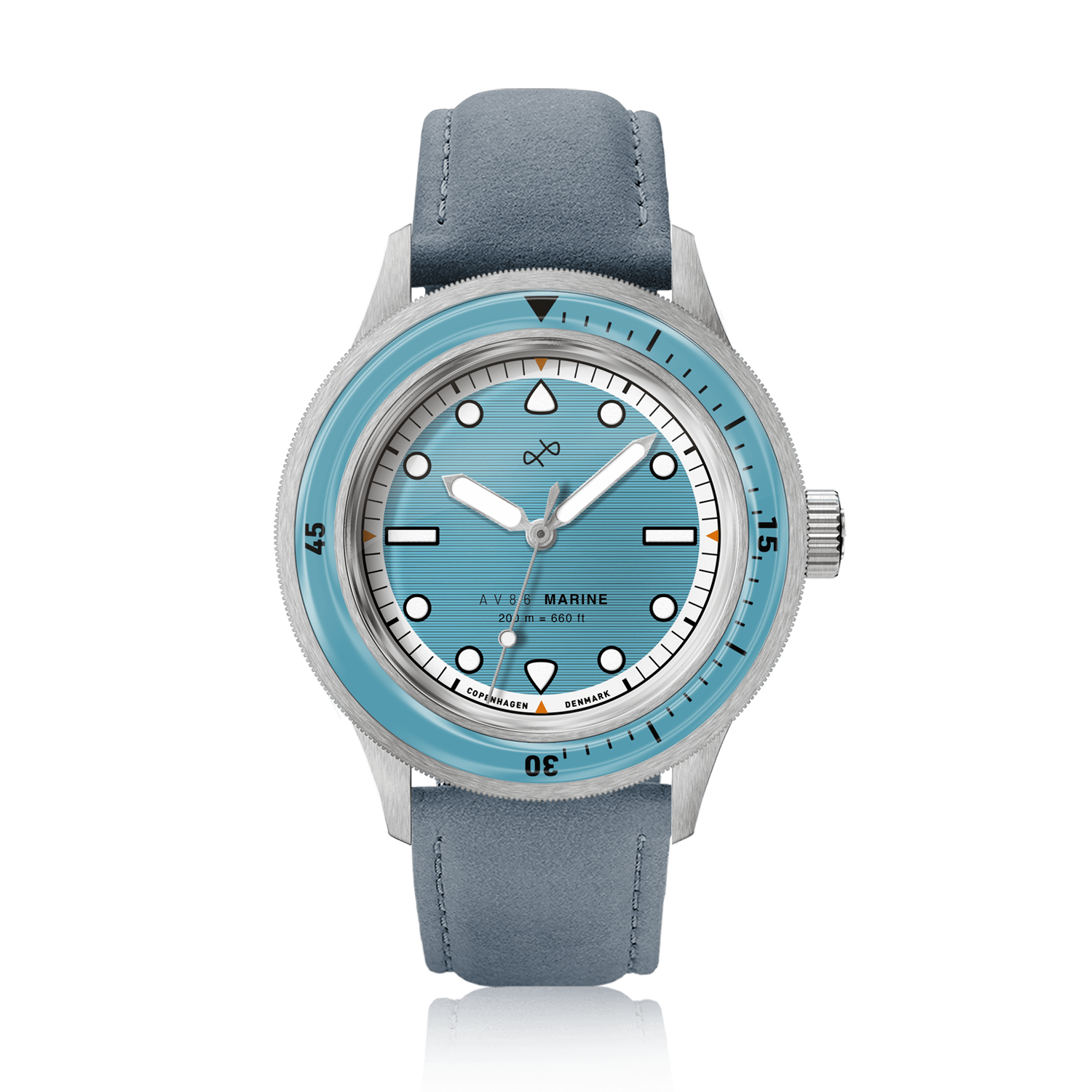1956 Marine by AV86 vintage-inspired diver with sapphire crystal, rotating bezel, luminescent markers, and leather strap