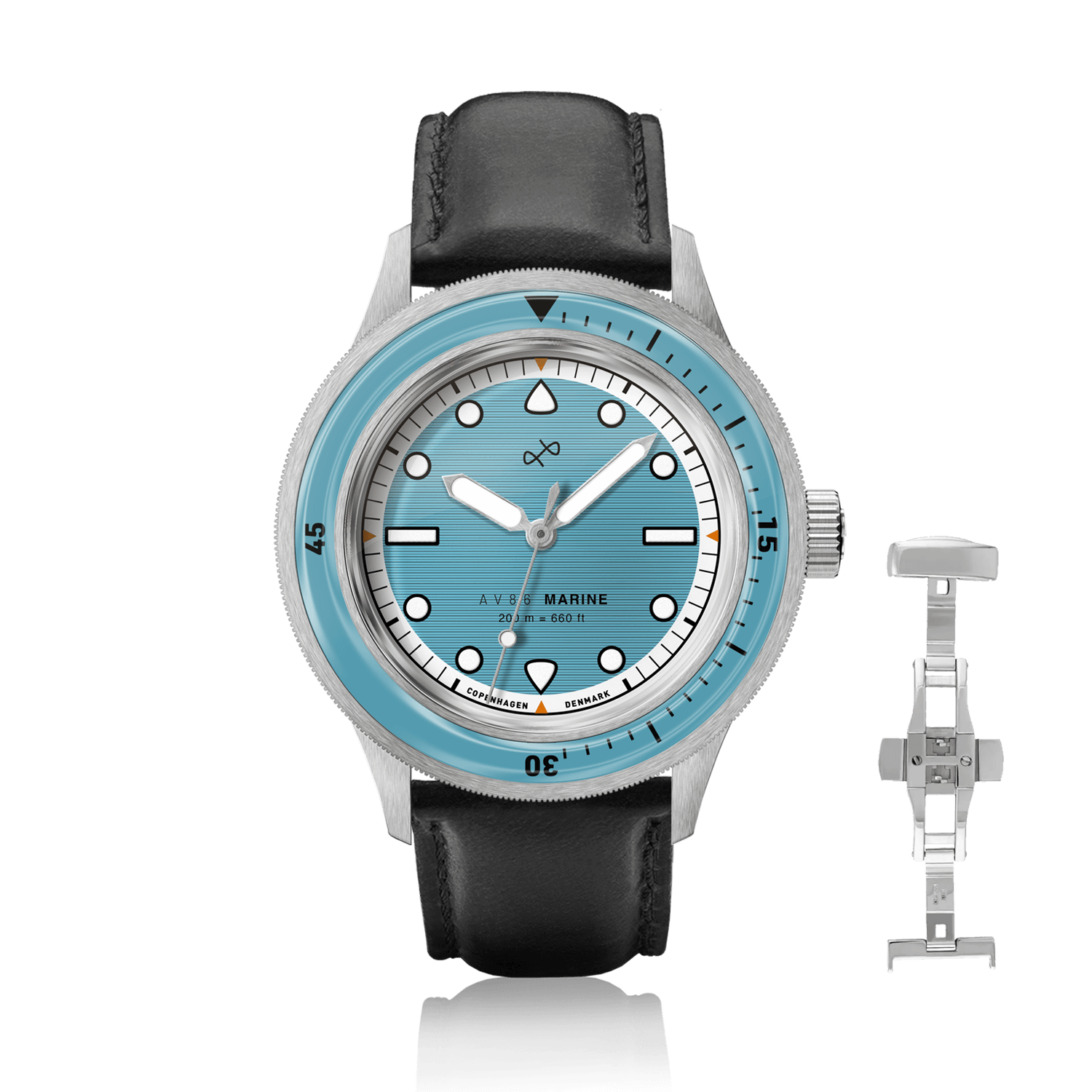 1956 Marine by AV86 vintage-inspired diver with sapphire crystal, rotating bezel, and black leather strap in minimalist Scandinavian design