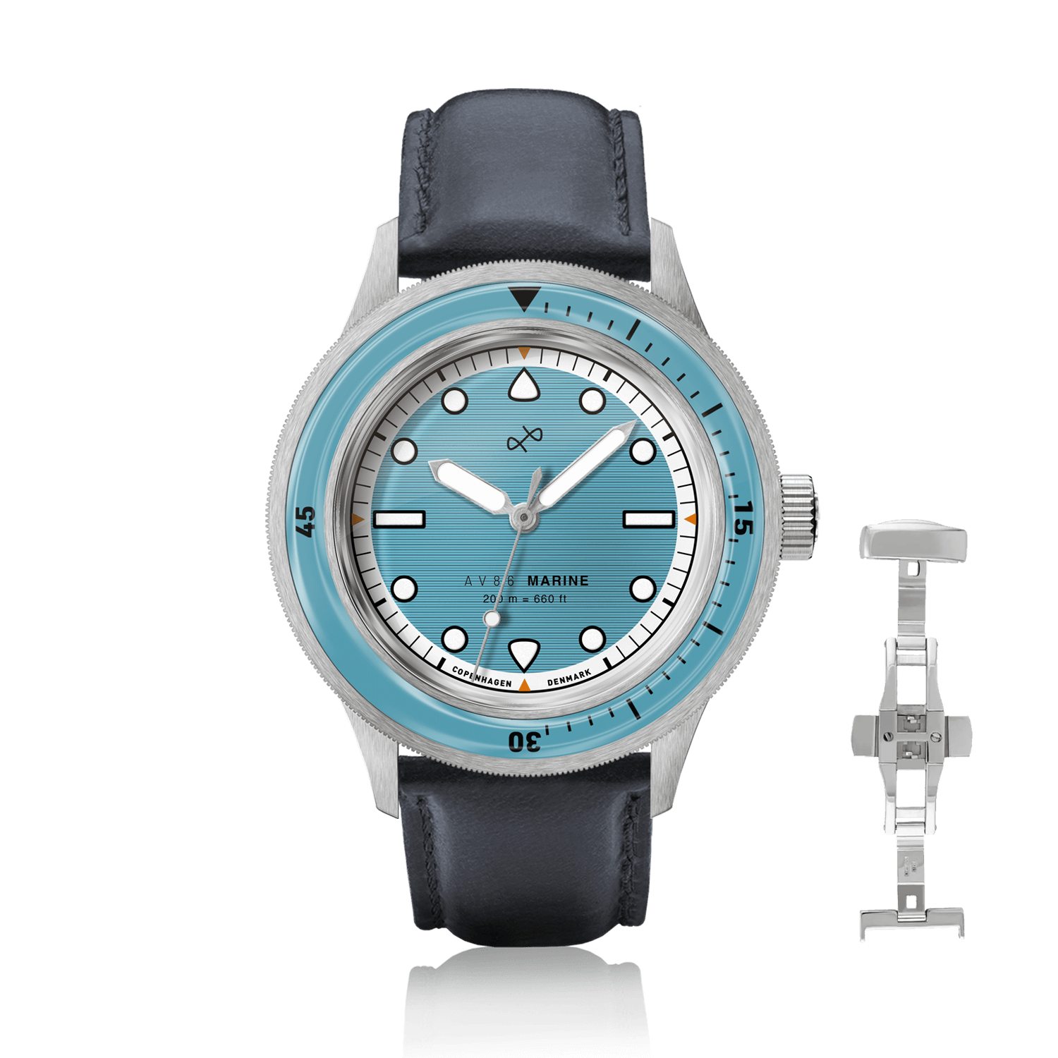 1956 Marine by AV86 vintage-inspired diver with sapphire crystal, compass bezel, and black leather strap