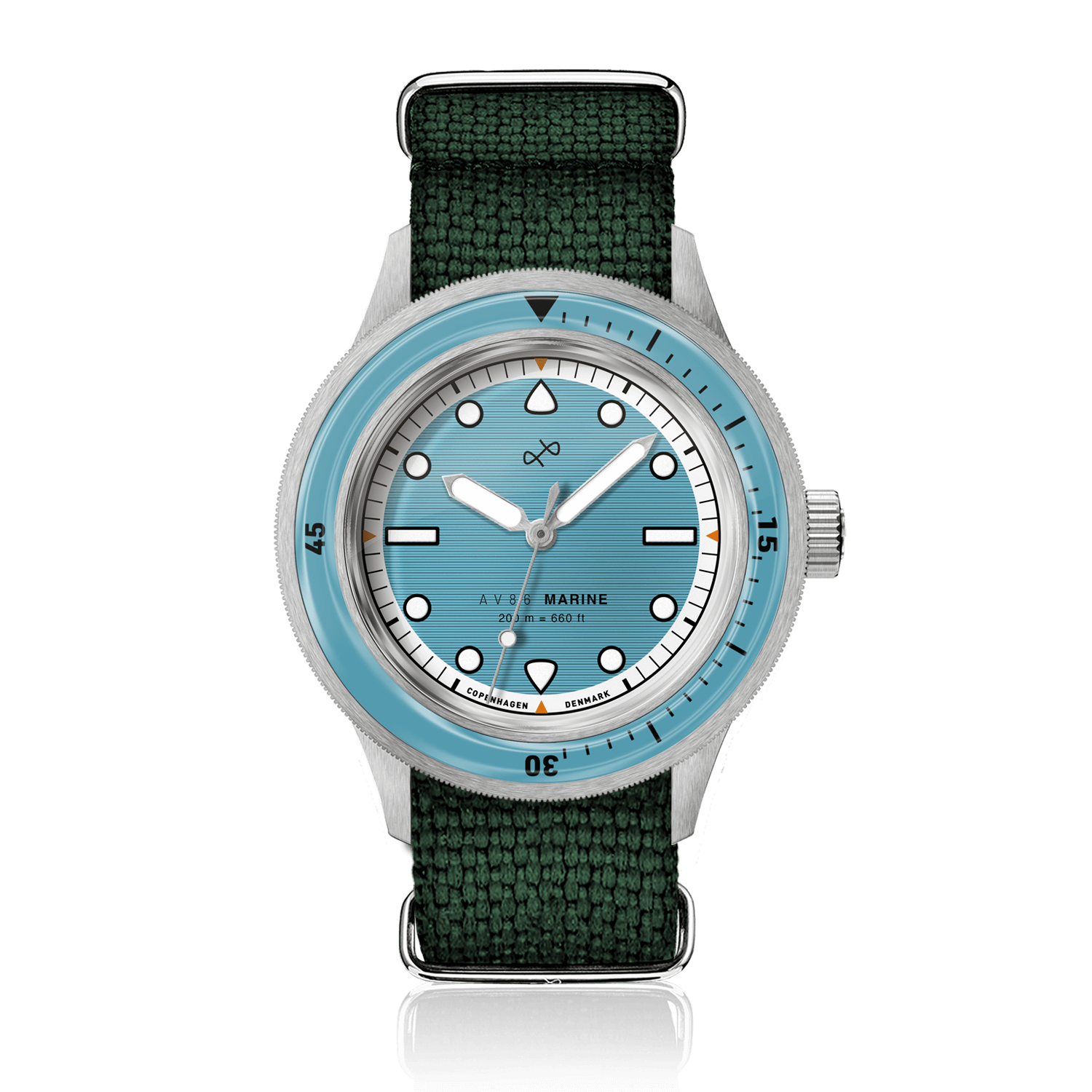 1956 Marine by AV86 vintage-inspired diver watch with sapphire crystal, compass bezel, light blue dial, and textured fabric strap