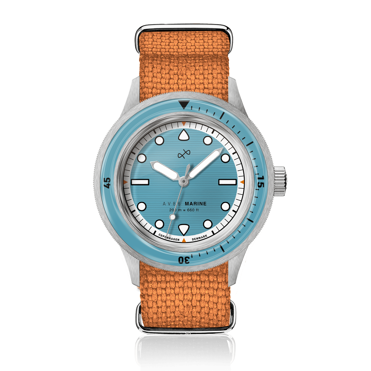 1956 Marine by AV86 vintage-inspired diver with sapphire crystal, unidirectional bezel, and textured fabric strap
