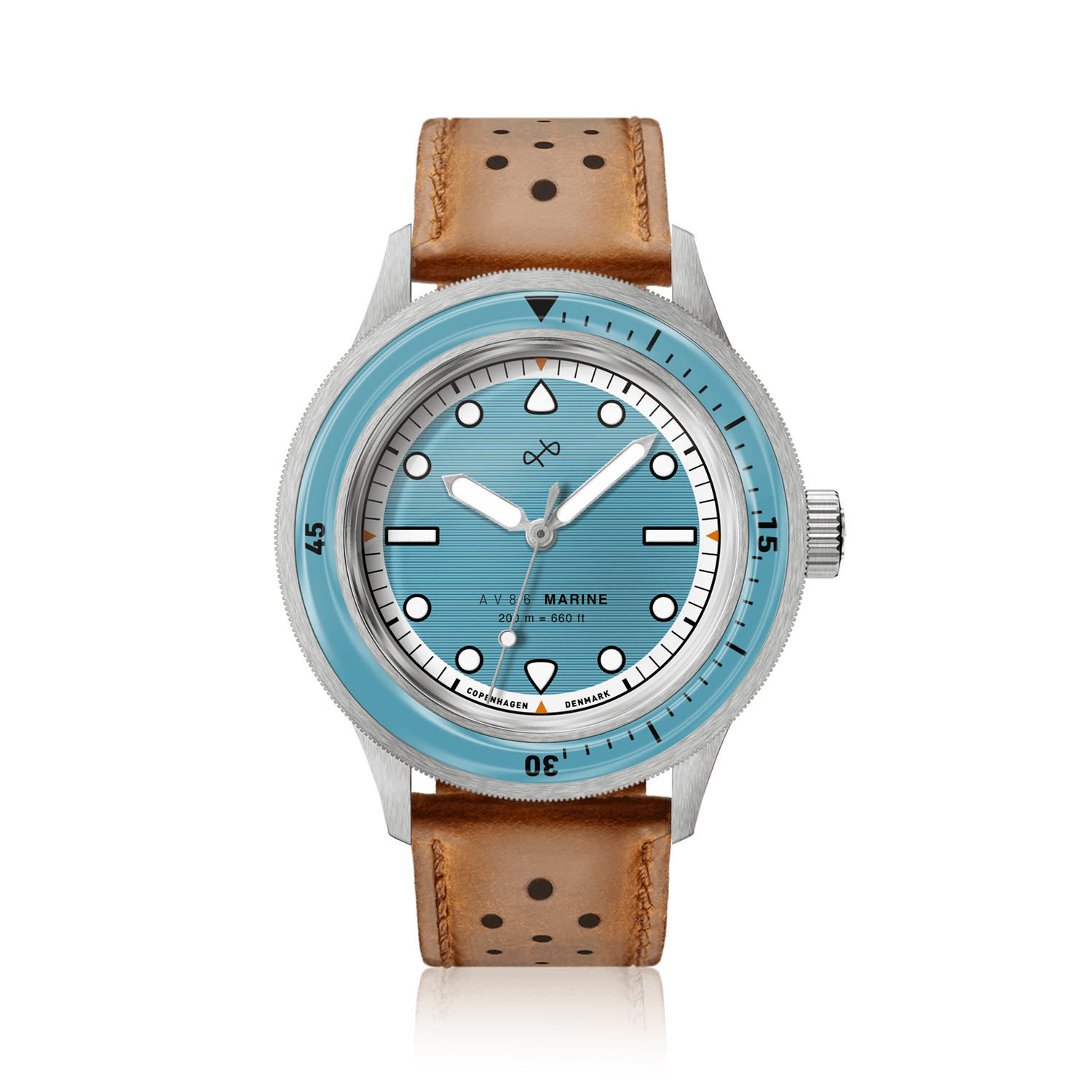 1956 Marine by AV86 vintage-inspired diver watch with sapphire crystal, rotating bezel, and perforated brown leather strap