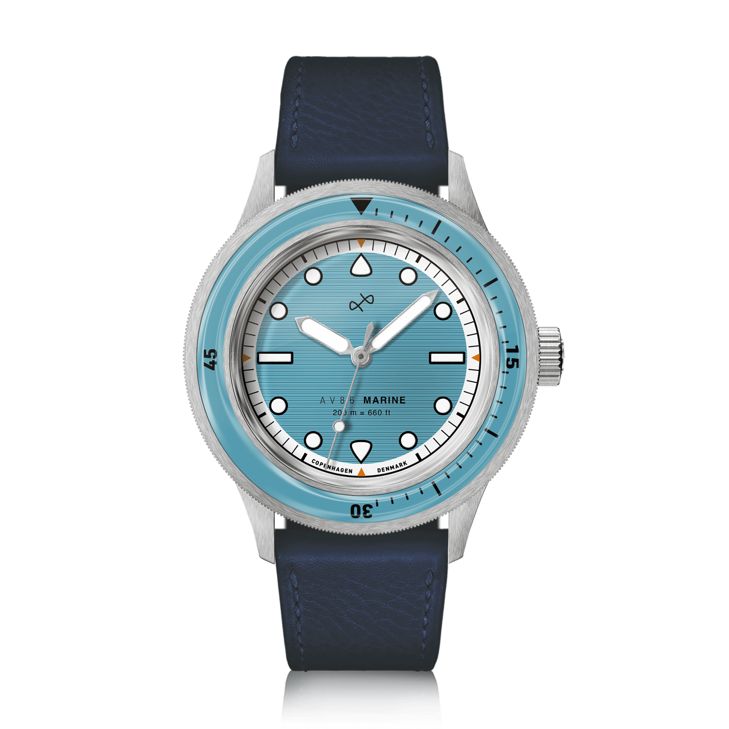 1956 Marine by AV86 diver watch with vintage-inspired dial, sapphire crystal, rotating bezel, and dark leather strap