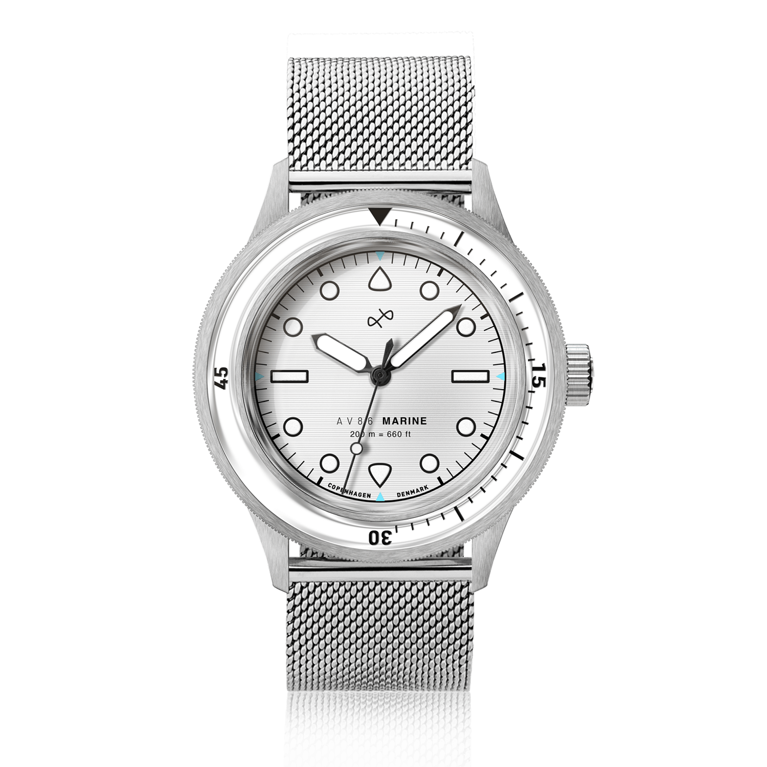 1956 Marine by AV86 vintage-inspired diver watch with sapphire crystal, unidirectional bezel, and stainless steel mesh bracelet strap