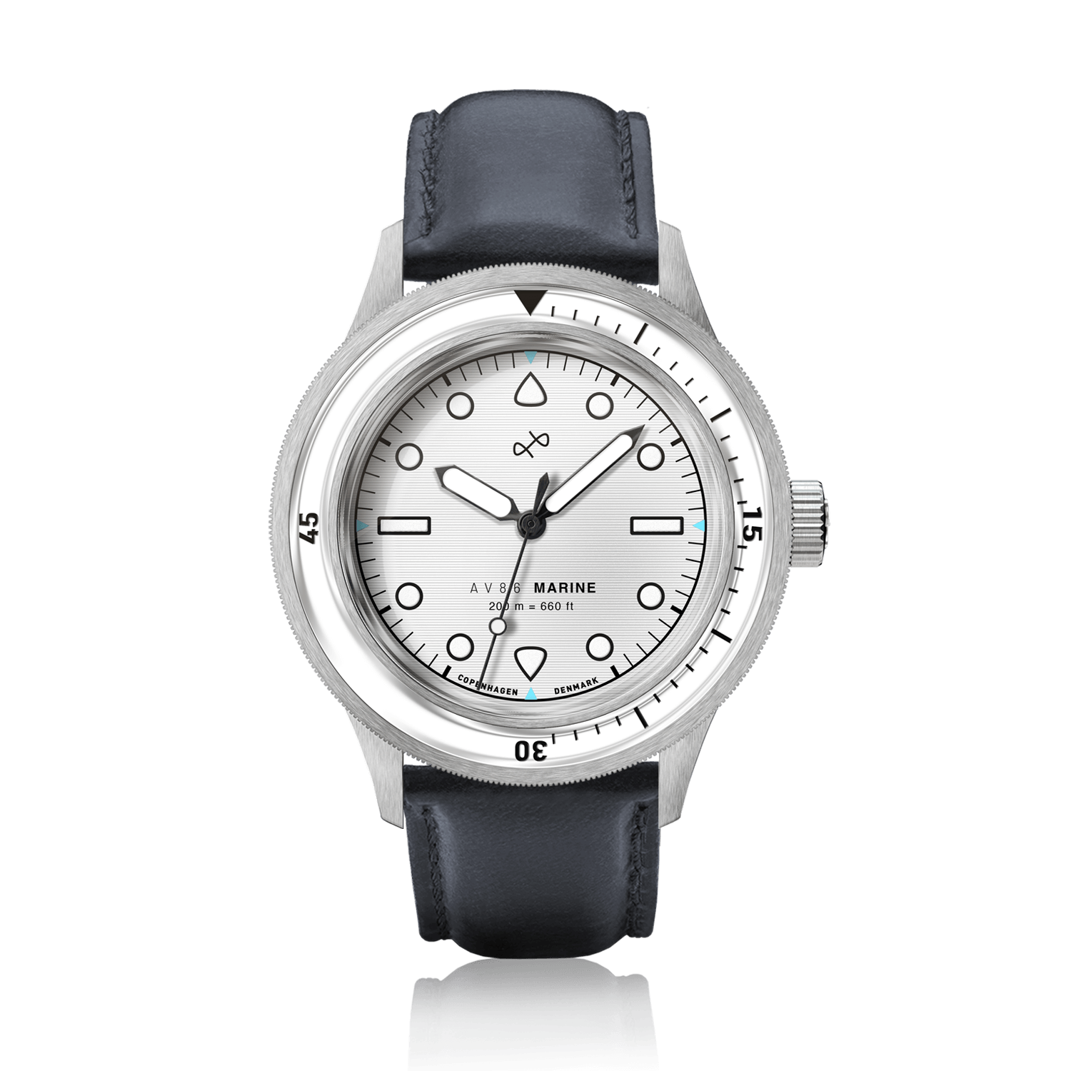 1956 Marine by AV86 vintage-inspired diver with rotating bezel, sapphire crystal, and black leather strap