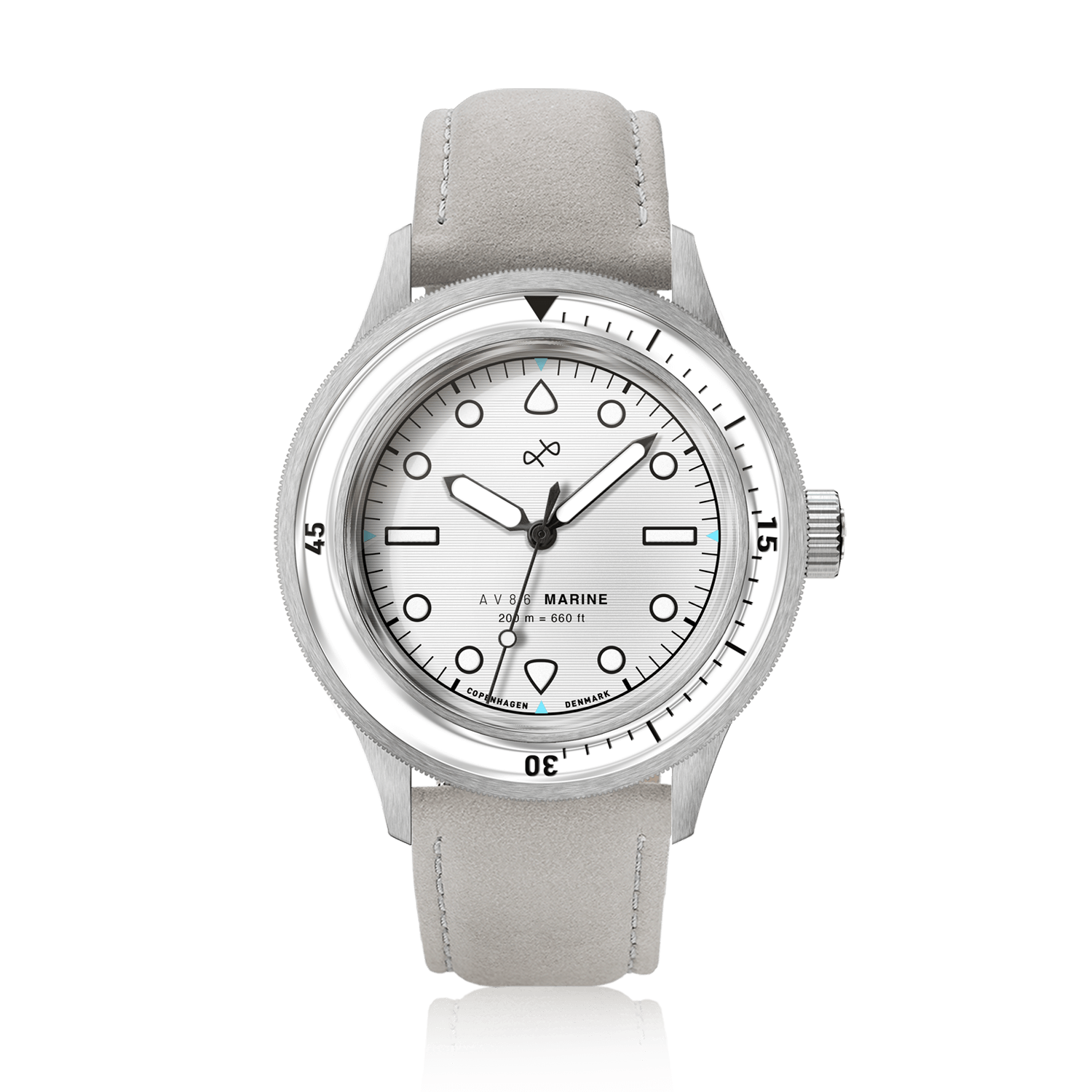 1956 Marine by AV86 Scandinavian vintage-inspired diver watch with sapphire crystal, unidirectional bezel, and soft leather strap