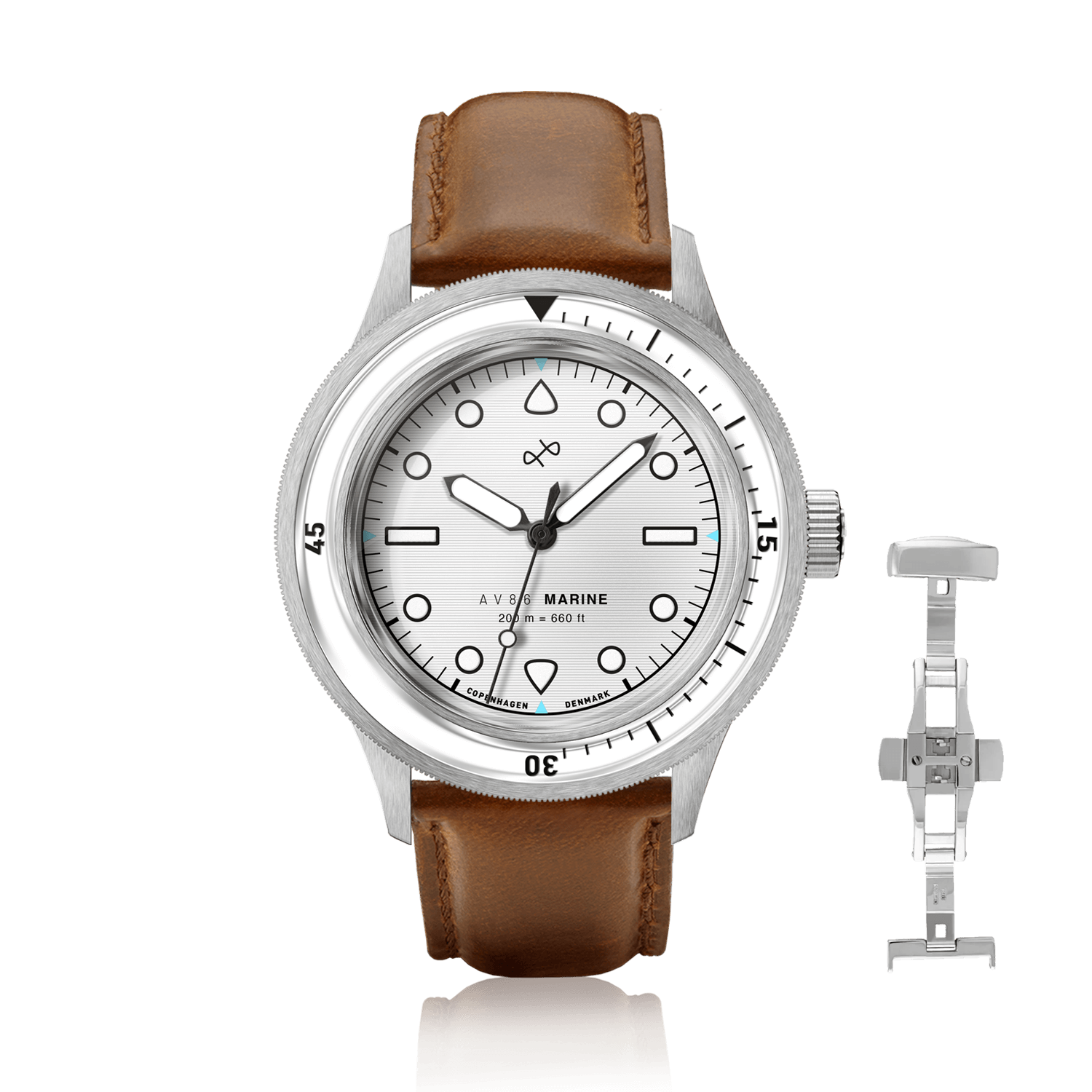1956 Marine by AV86 vintage-inspired diver watch with sapphire crystal, rotating bezel, and brown leather strap minimalist design