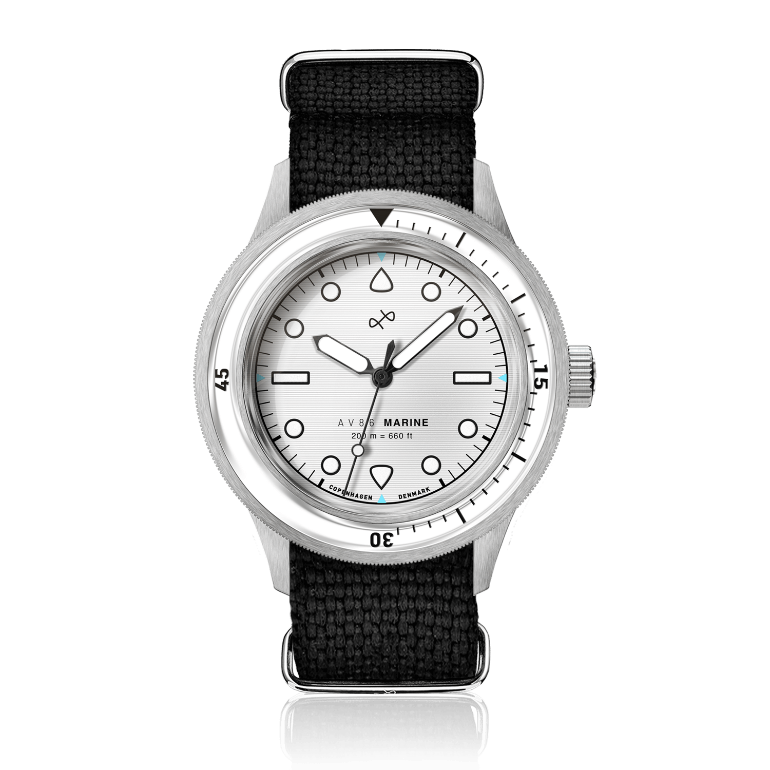 1956 Marine by AV86 vintage-inspired diver with sapphire crystal, unidirectional bezel, and black fabric strap