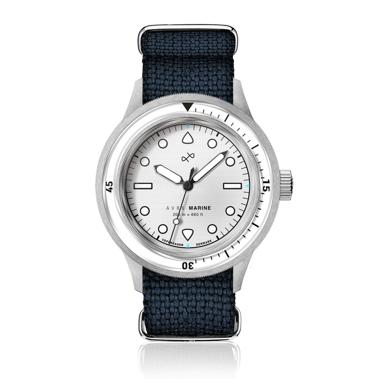 1956 Marine by AV86 vintage-inspired diver with sapphire crystal, rotating bezel, and textured fabric strap