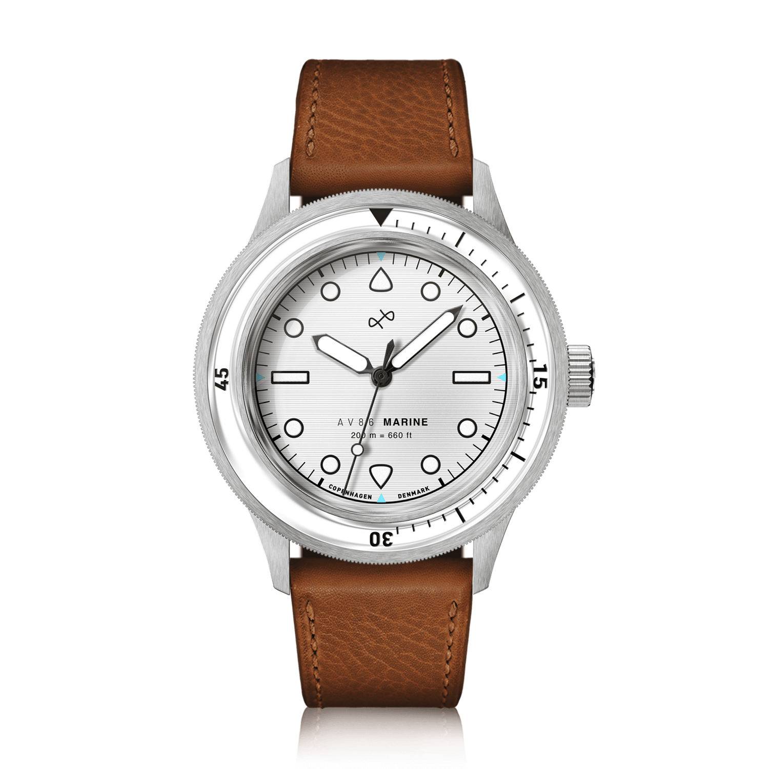 1956 Marine by AV86 vintage-inspired diver with sapphire crystal, rotating bezel, stainless steel case, and brown leather strap