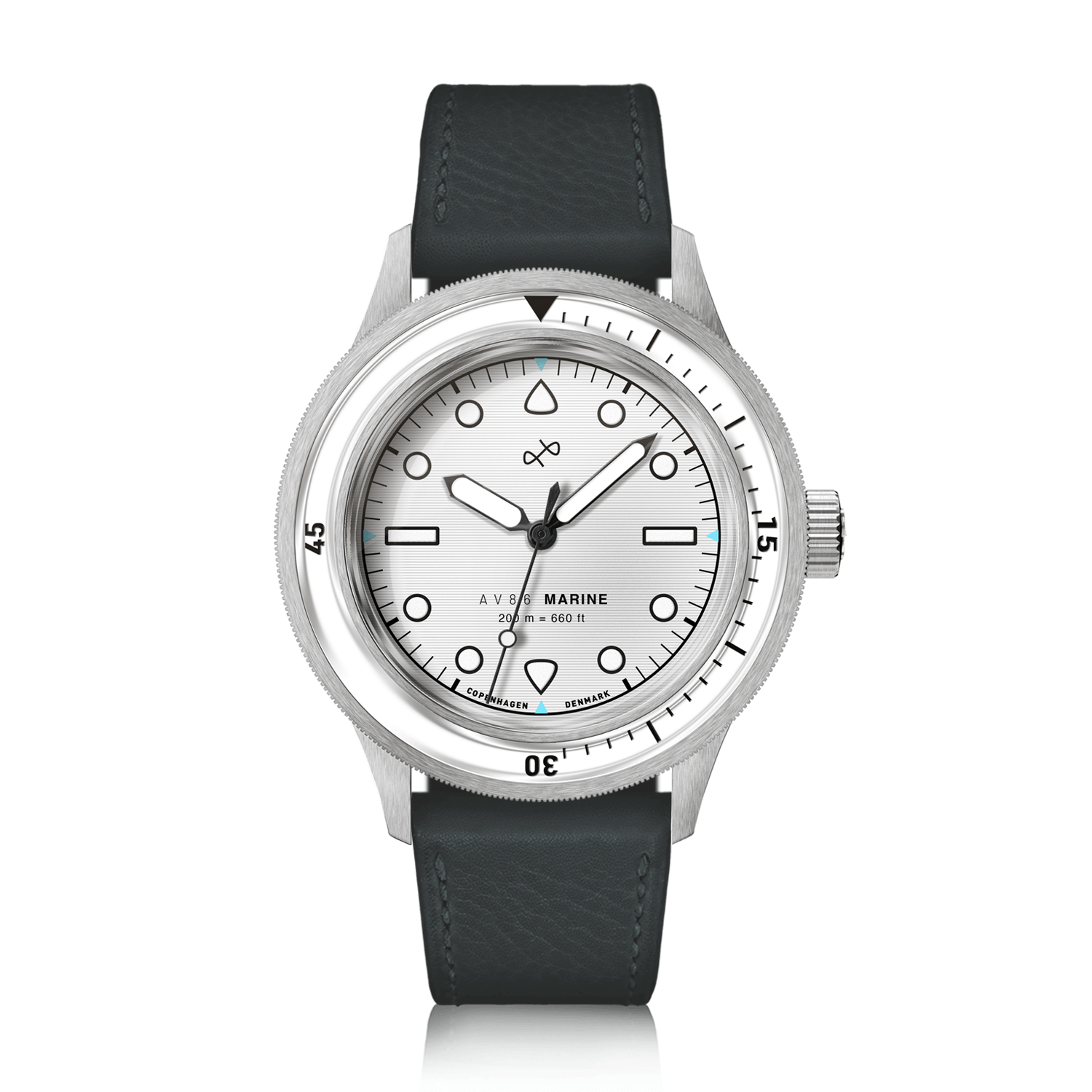 1956 Marine by AV86 vintage-inspired diver with sapphire crystal, rotating bezel, and leather strap in Nordic minimalist design