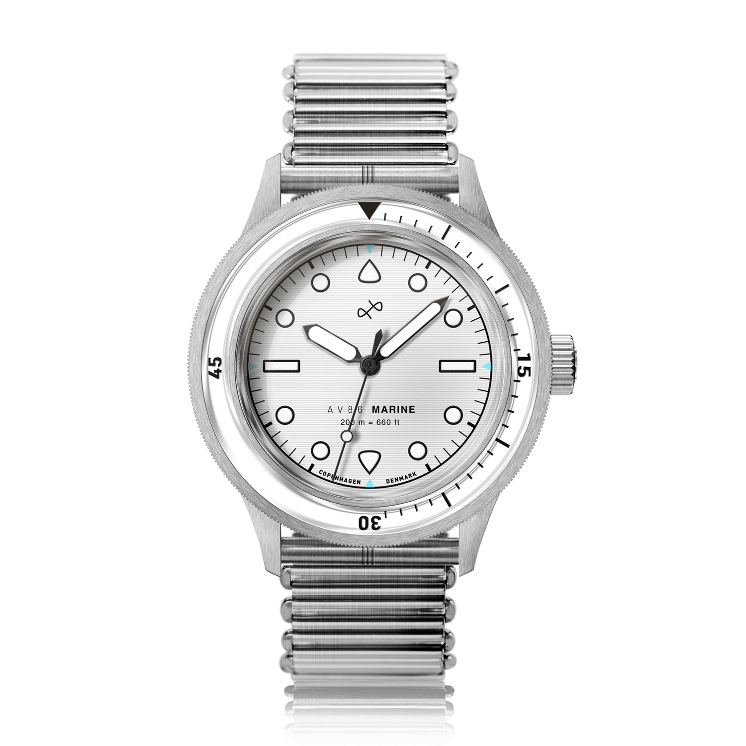 1956 Marine by AV86 diver watch with vintage-inspired dial, sapphire crystal, unidirectional bezel, and integrated steel bracelet strap