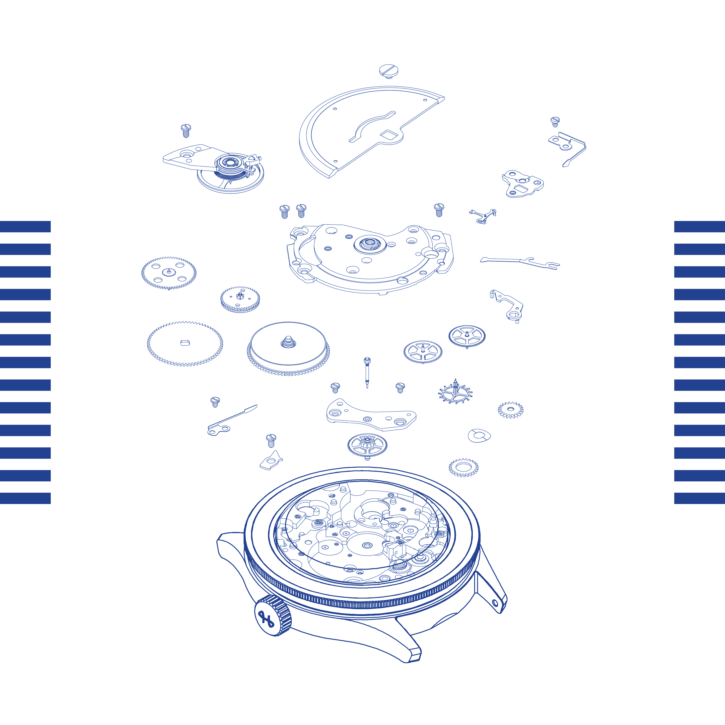 Exploded view of a mechanical watch’s automatic movement components suspended above a transparent watch case.
