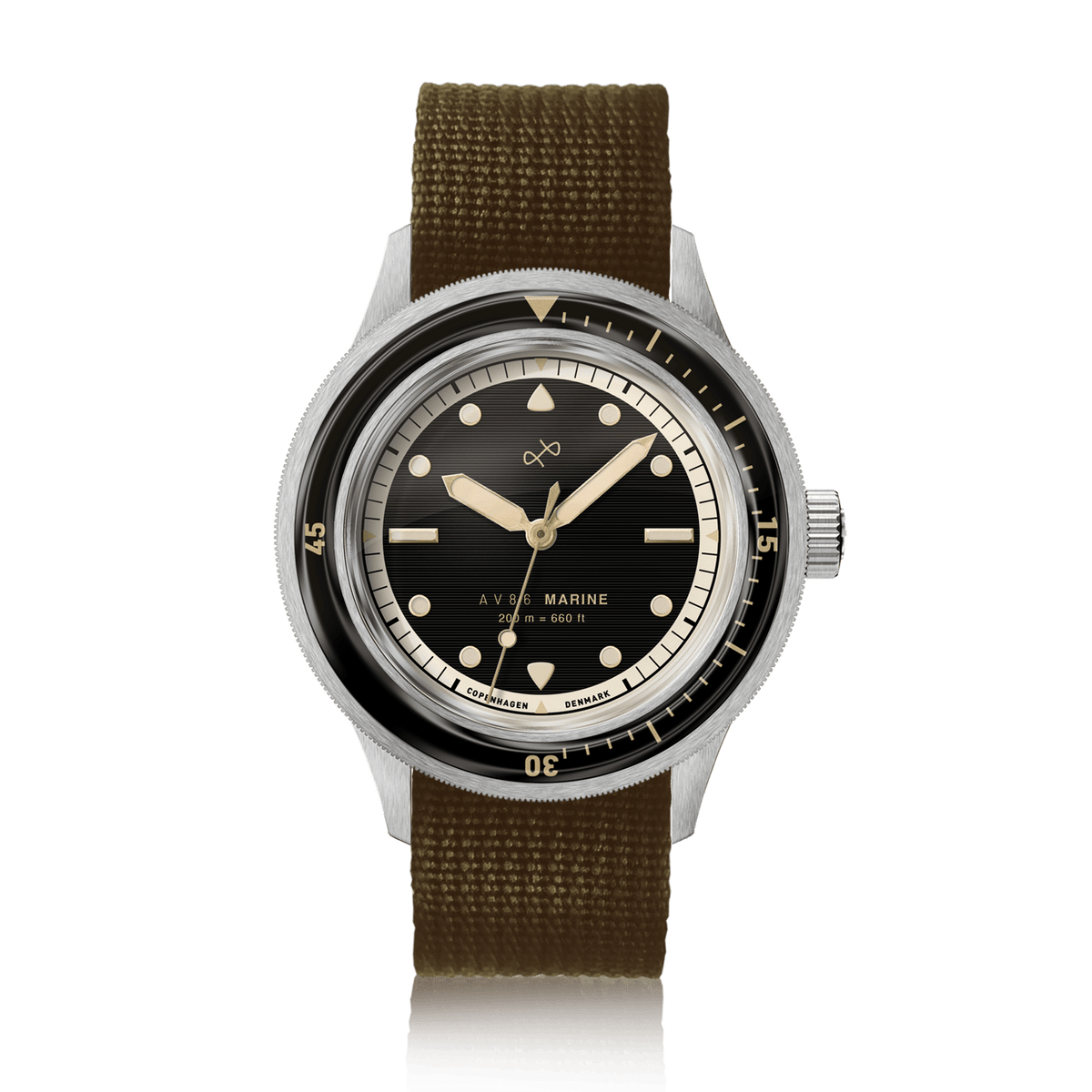 1956 Marine by AV86 vintage-inspired diver with sapphire crystal, rotating bezel, and olive fabric strap, Nordic minimalist design