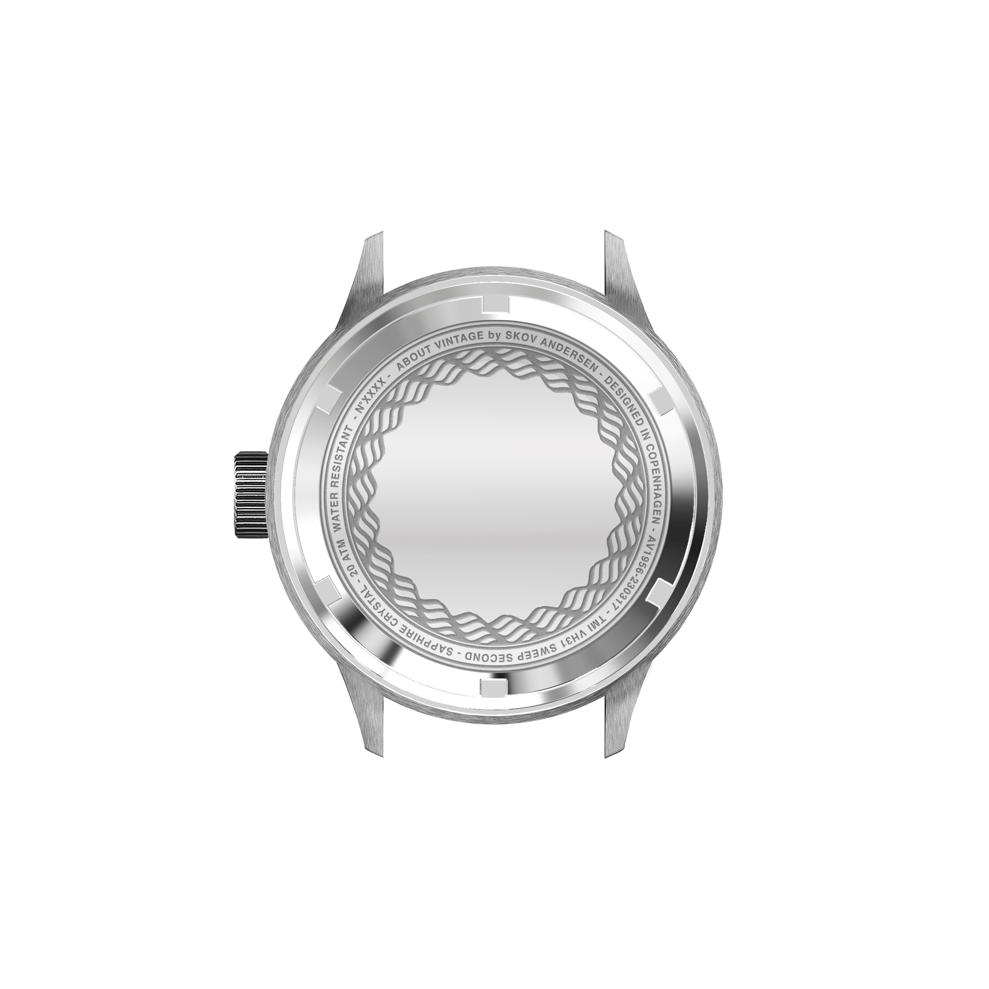 1956 Marine by AV86 stainless steel case back with engraved pattern, screw-down crown, and polished finish