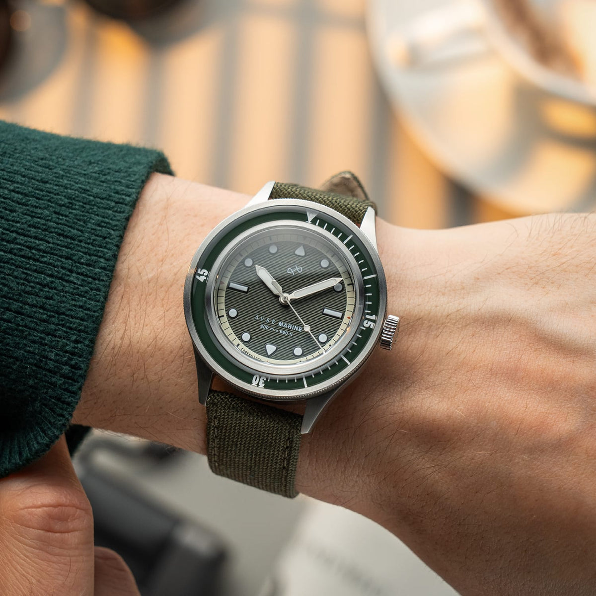 VB Kong Hans Eg, Limited Edition by AV86 vintage-inspired diver with compass bezel, sapphire crystal, and fabric strap