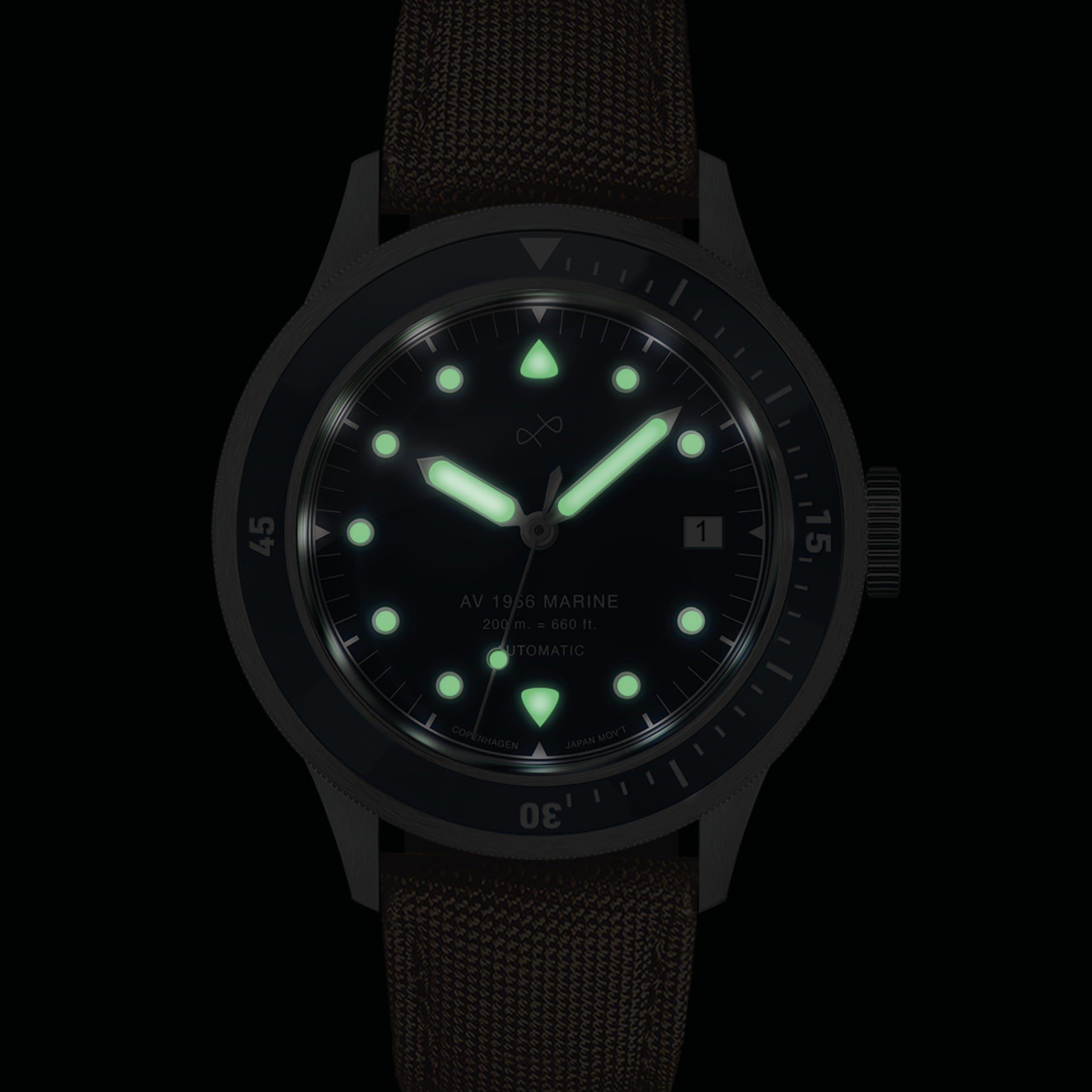 1956 Marine Automatic, Steel / Blue with luminous hands and markers, featuring vintage-inspired design by AV86.