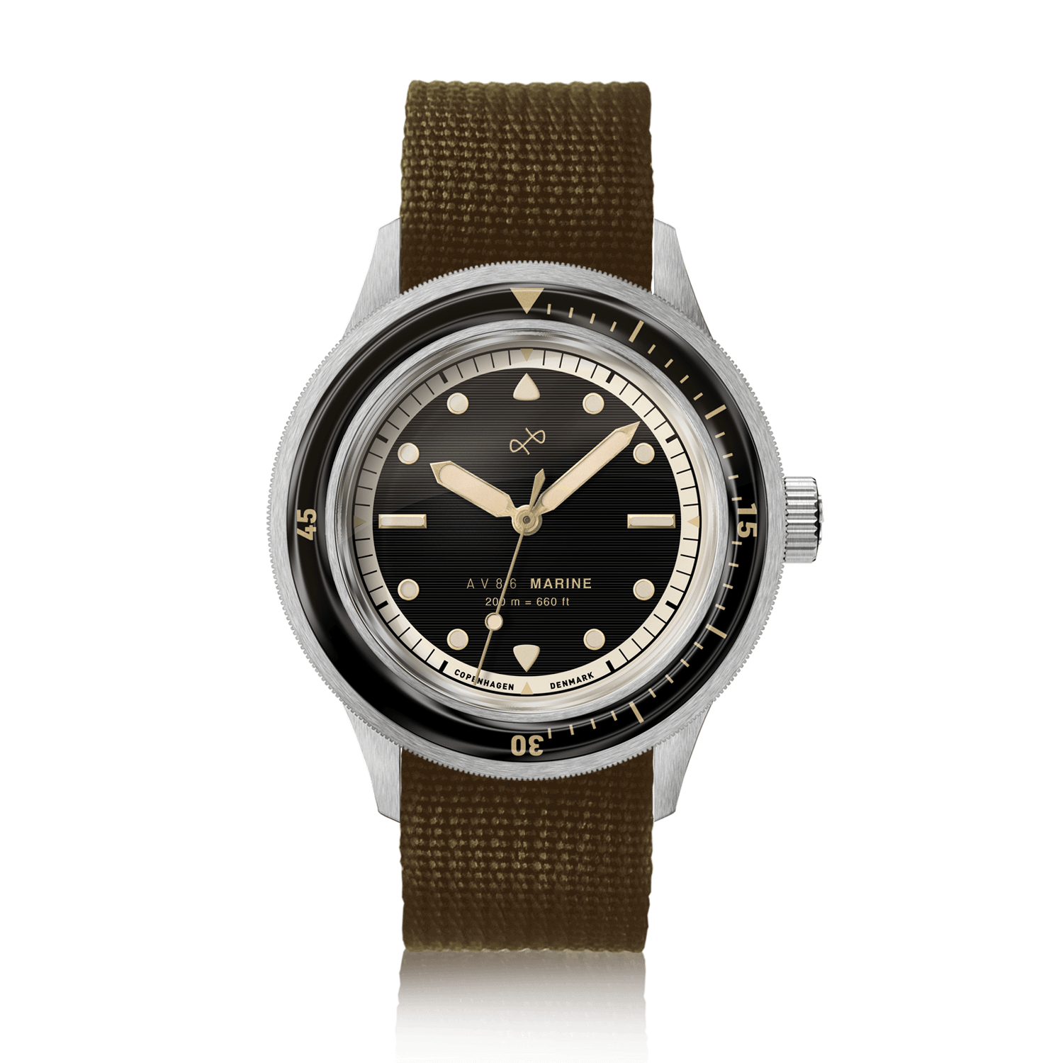 1956 Marine by AV86 vintage-inspired diver with sapphire crystal, rotating bezel, black dial, and textured fabric strap
