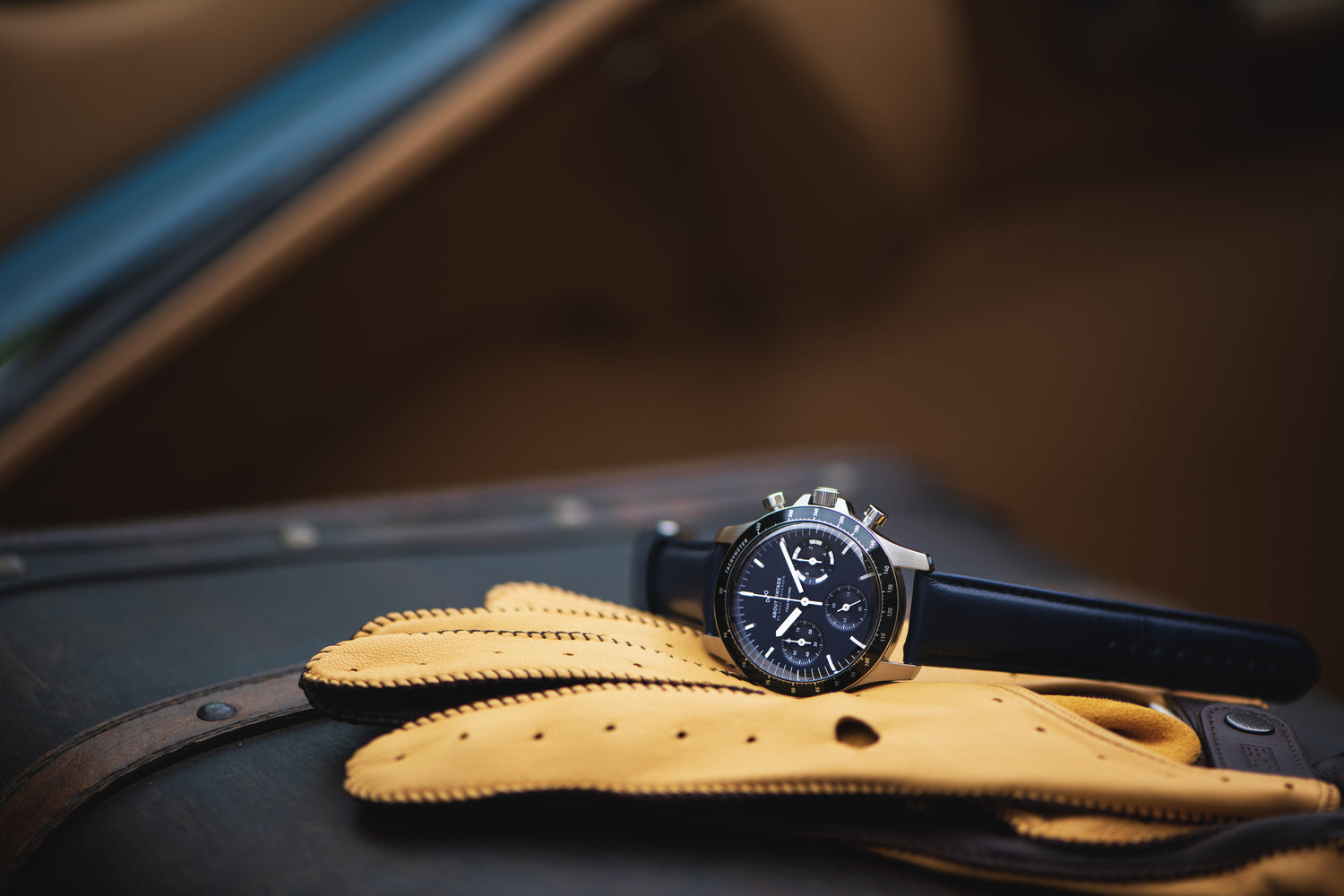 1960 Racing Chronograph by AV86 vintage-inspired chronograph with sapphire crystal, black leather strap, and detailed dial design