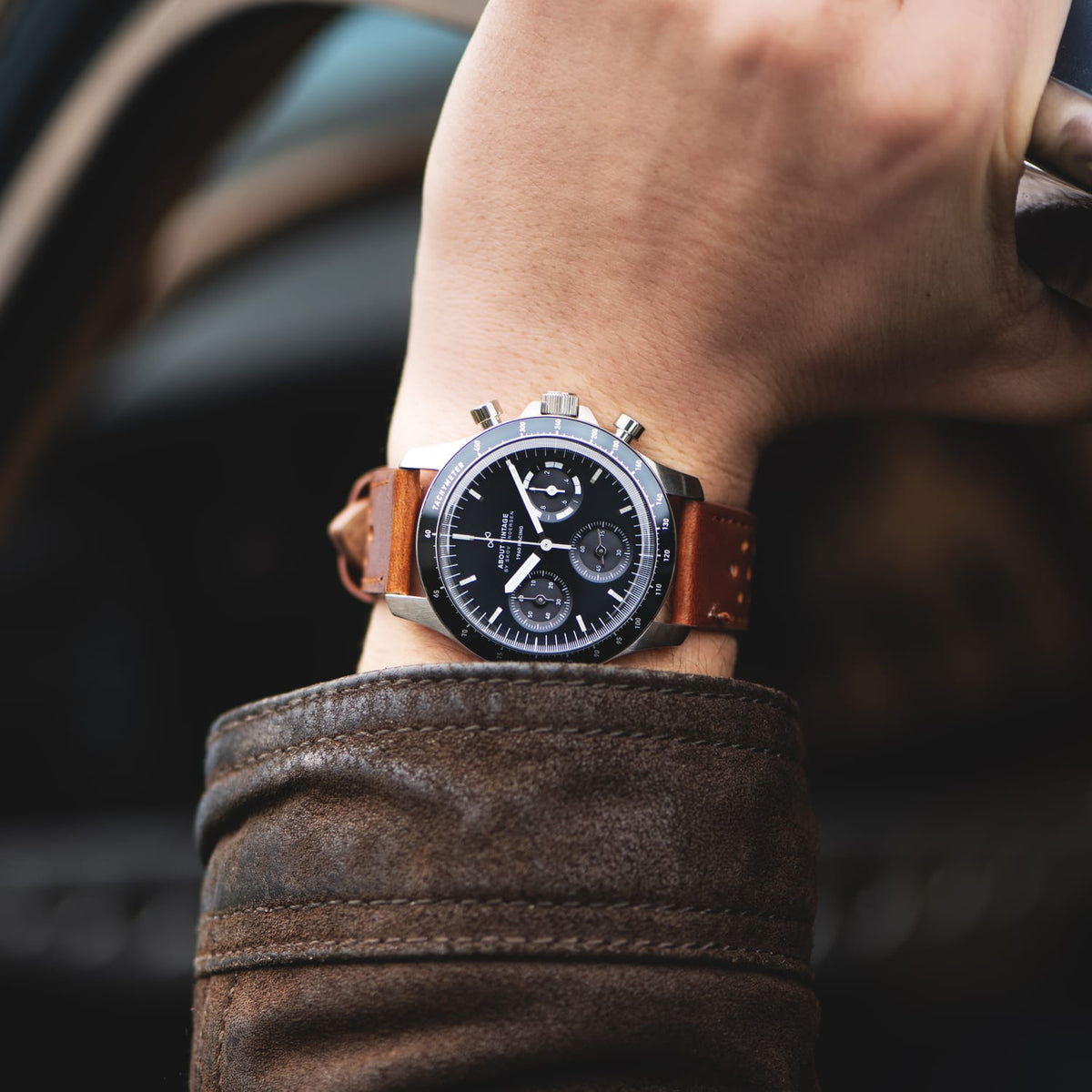 1960 Racing Chronograph by AV86 luxury vintage-inspired chronograph with sapphire crystal and brown leather strap on wrist