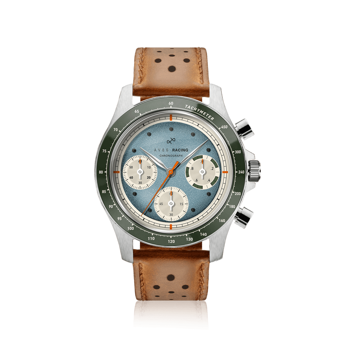 AV86 1960 Racing Chronograph, Steel / Sky Blue & Green vintage-inspired quartz chronograph with pale blue dial, green tachymeter bezel, three subdials, and perforated brown leather strap