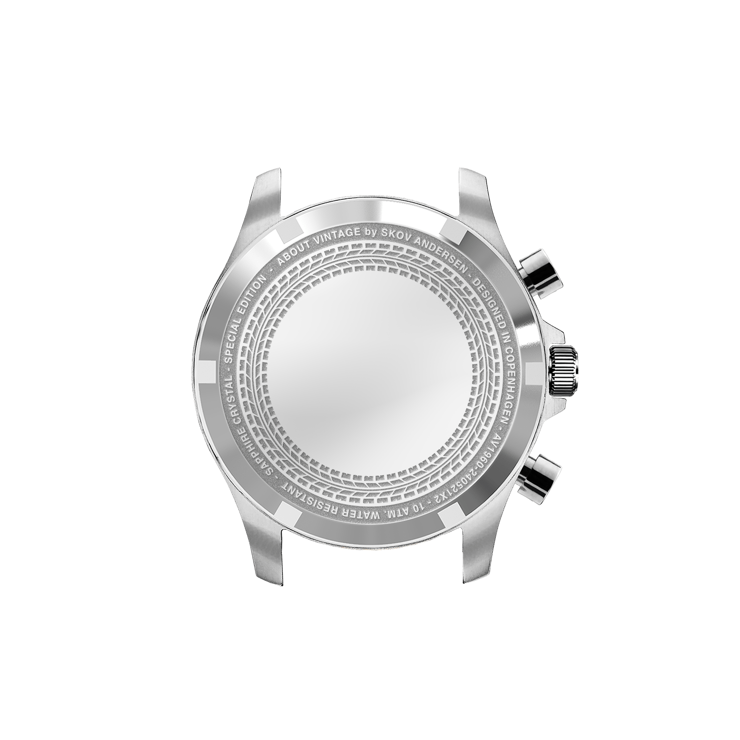 1960 Racing Chronograph by AV86 showcasing polished steel case back with engraved details and chronograph pushers
