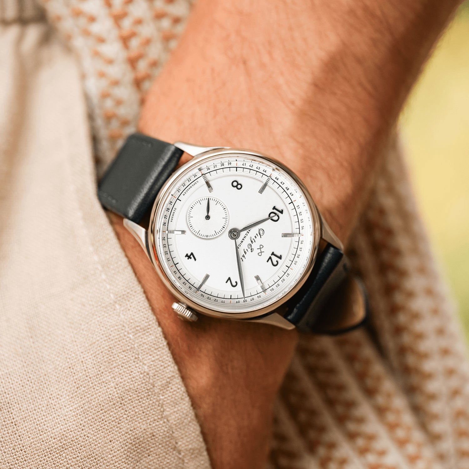1968 Mechanical by AV86 vintage-inspired automatic watch with white dial, sapphire crystal, and black leather strap