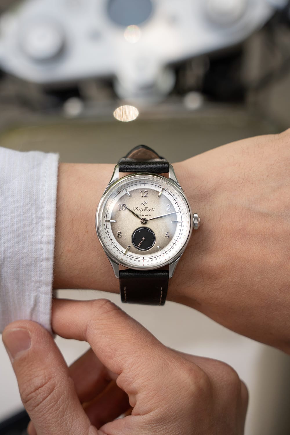 1968 Mechanical (Hand-Wound) by AV86 vintage-inspired dress watch with sapphire crystal and black leather strap