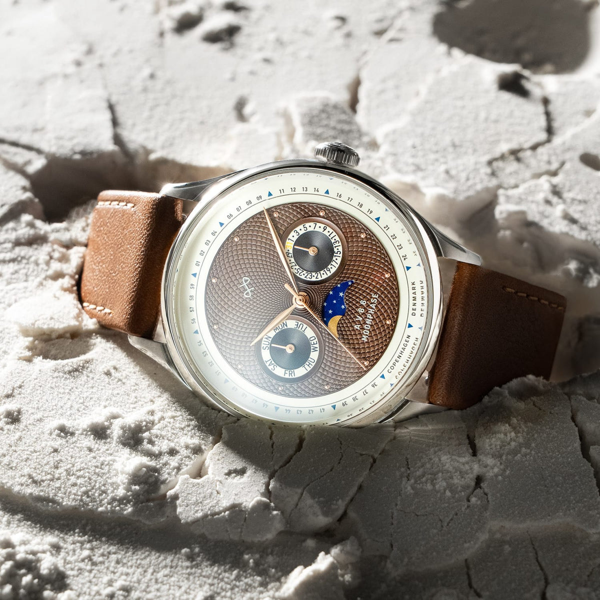 1968 Moonphase by AV86 luxury moonphase watch with sapphire crystal, textured dial, and brown leather strap in Scandinavian style