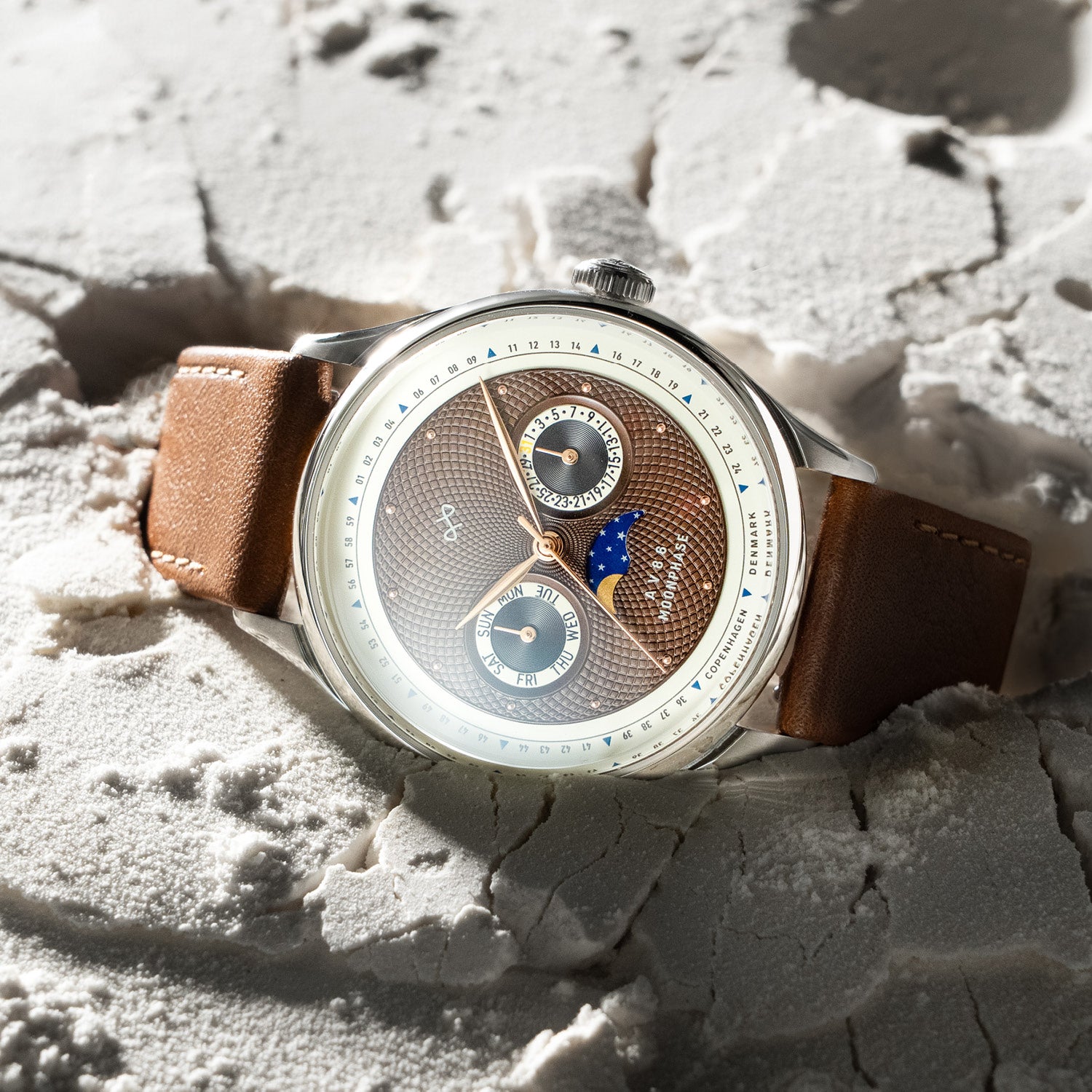 1968 Moonphase by AV86 luxury moonphase watch with sapphire crystal, textured dial, and brown leather strap in Scandinavian style