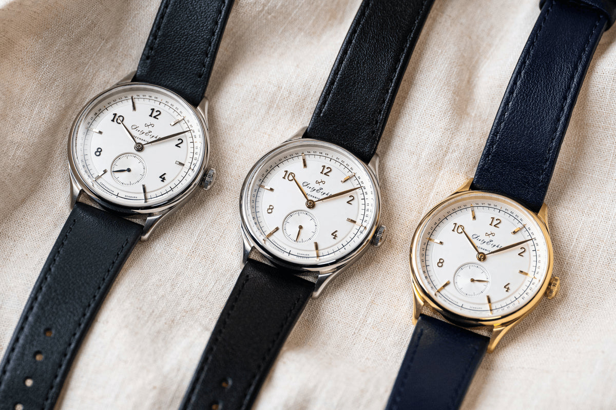 1968 Mechanical, Gold / White by AV86 luxury automatic dress watch with sapphire crystal and leather strap