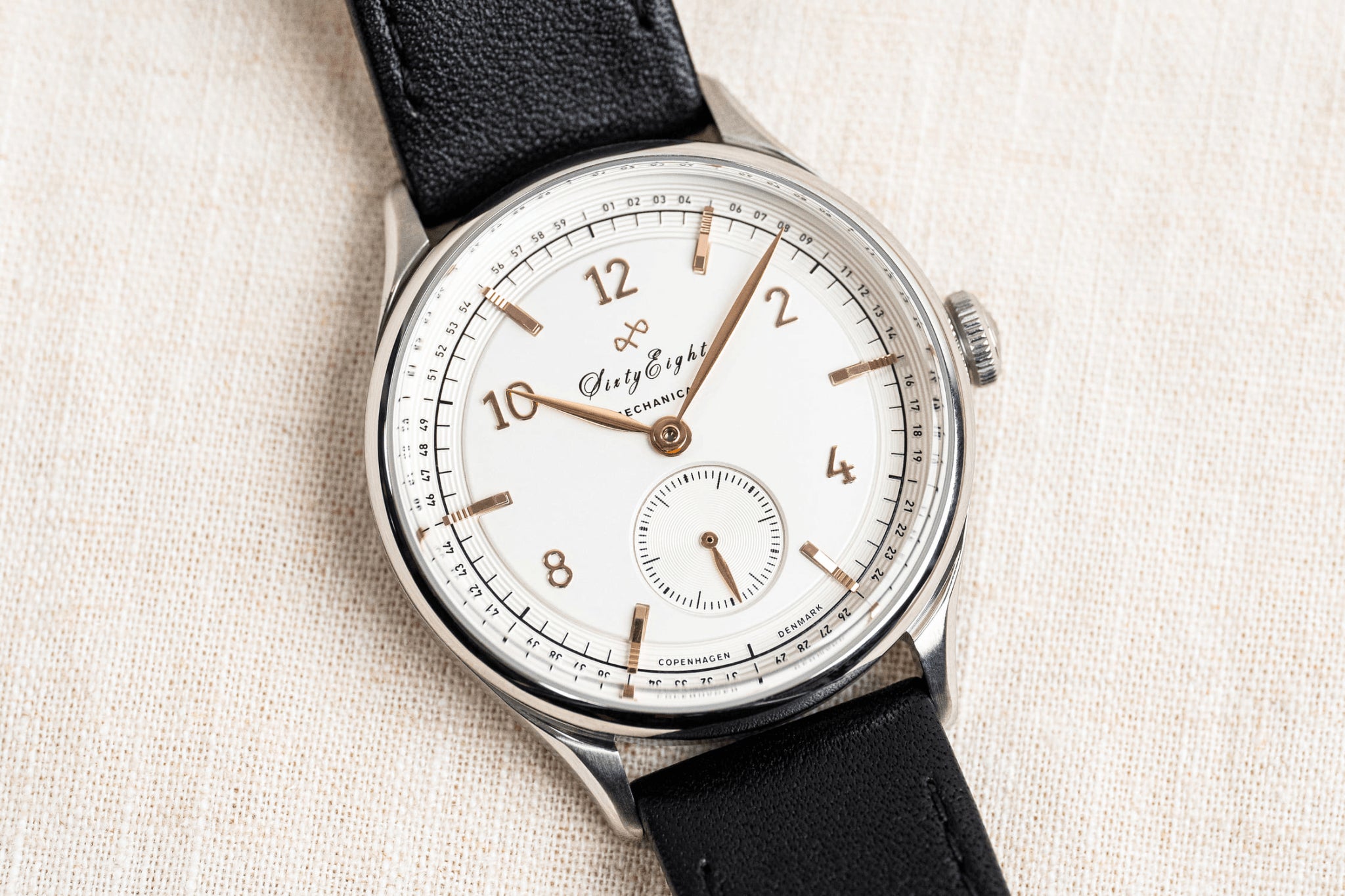 1968 Mechanical by AV86 vintage-inspired automatic watch with sapphire crystal, mechanical dial, and black leather strap