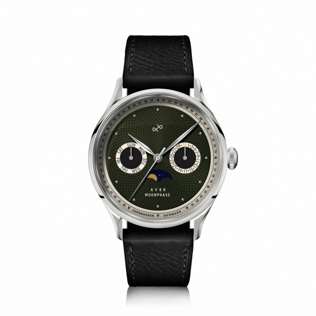 VB Kong Hans Eg, Limited Edition / Forudbestilling by AV86 moonphase watch with sapphire crystal, moonphase complication, and black leather strap