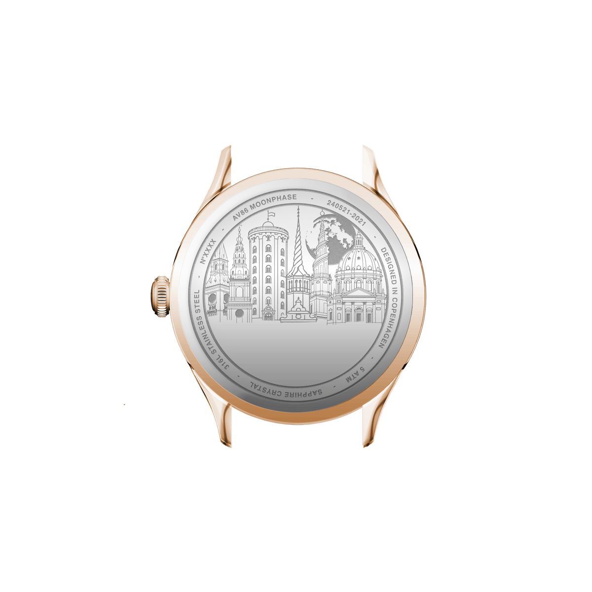 AV86による1968 Moonphase、ローズゴールド/ダークブルー。コペンハーゲンのスカイラインが刻印されたケースバックとSapphire Crystalのディテールが特徴です。