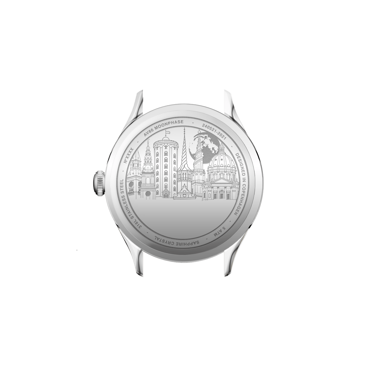 AV86製「1968 Moonphase」。コペンハーゲンのスカイラインが刻印されたステンレススチール製ケース裏蓋、Sapphire Crystal、5気圧防水