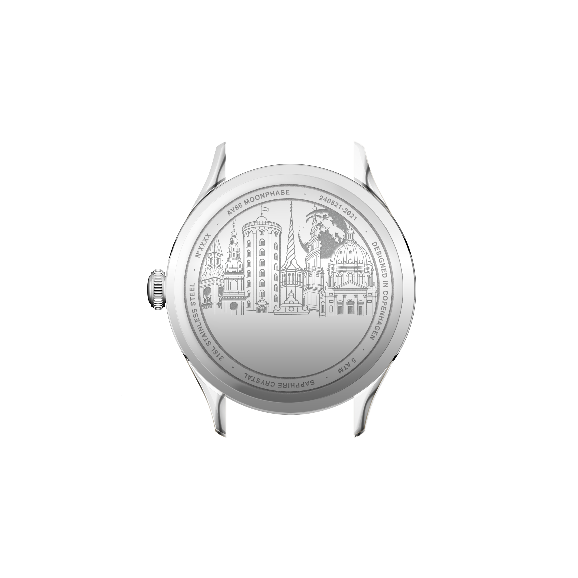 1968 Moonphase by AV86 with engraved Scandinavian landmarks on stainless steel case back, sapphire crystal, vintage-inspired design