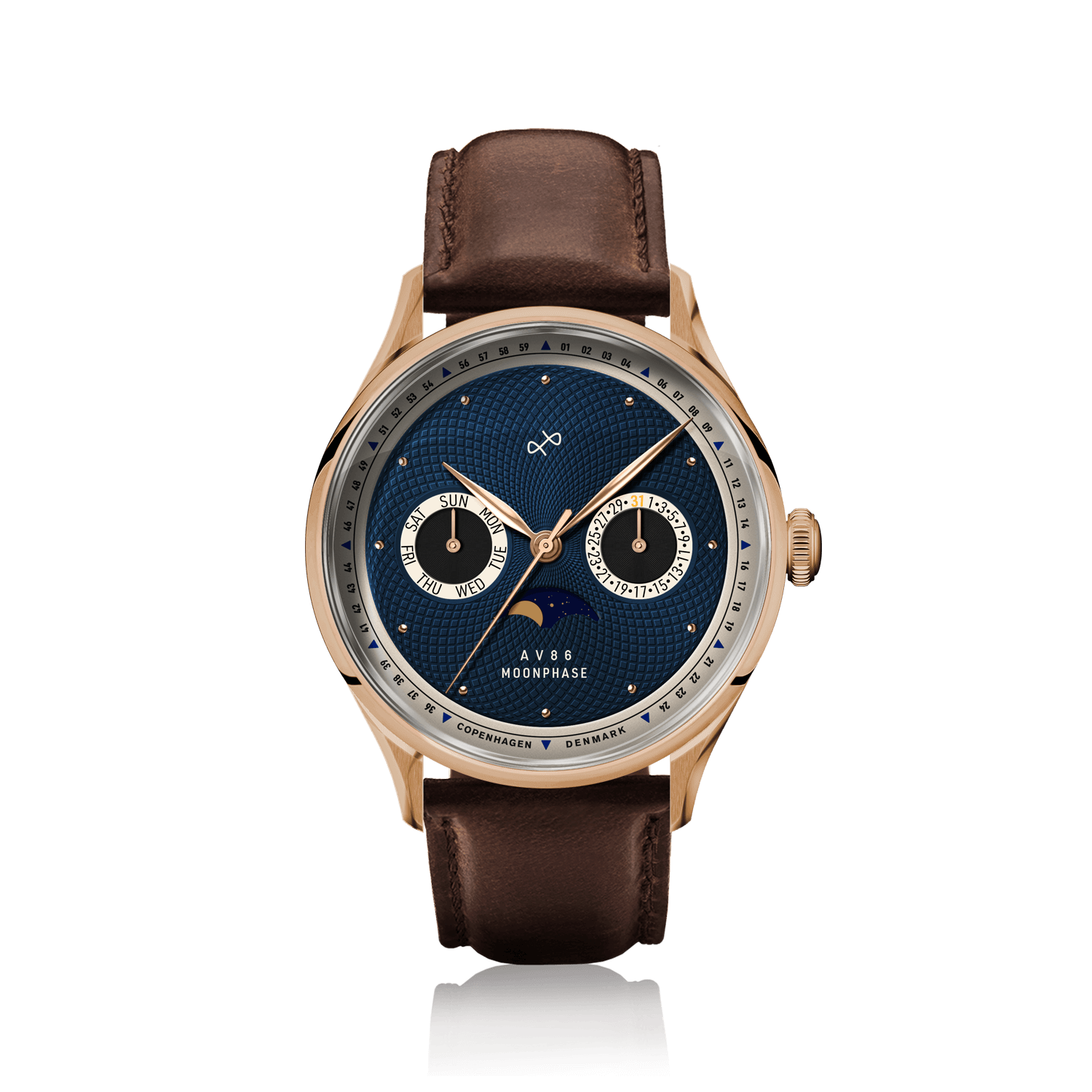 1968 Moonphase, Rose Gold / Dark Blue by AV86 luxury moonphase watch with sapphire crystal, vintage-inspired dial, and leather strap