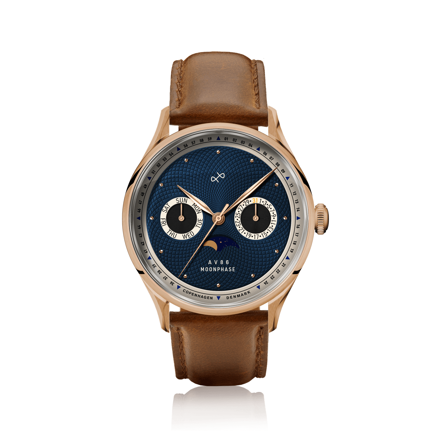 1968 Moonphase, Rose Gold / Dark Blue by AV86 luxury moonphase watch with sapphire crystal, rose gold case, and brown leather strap
